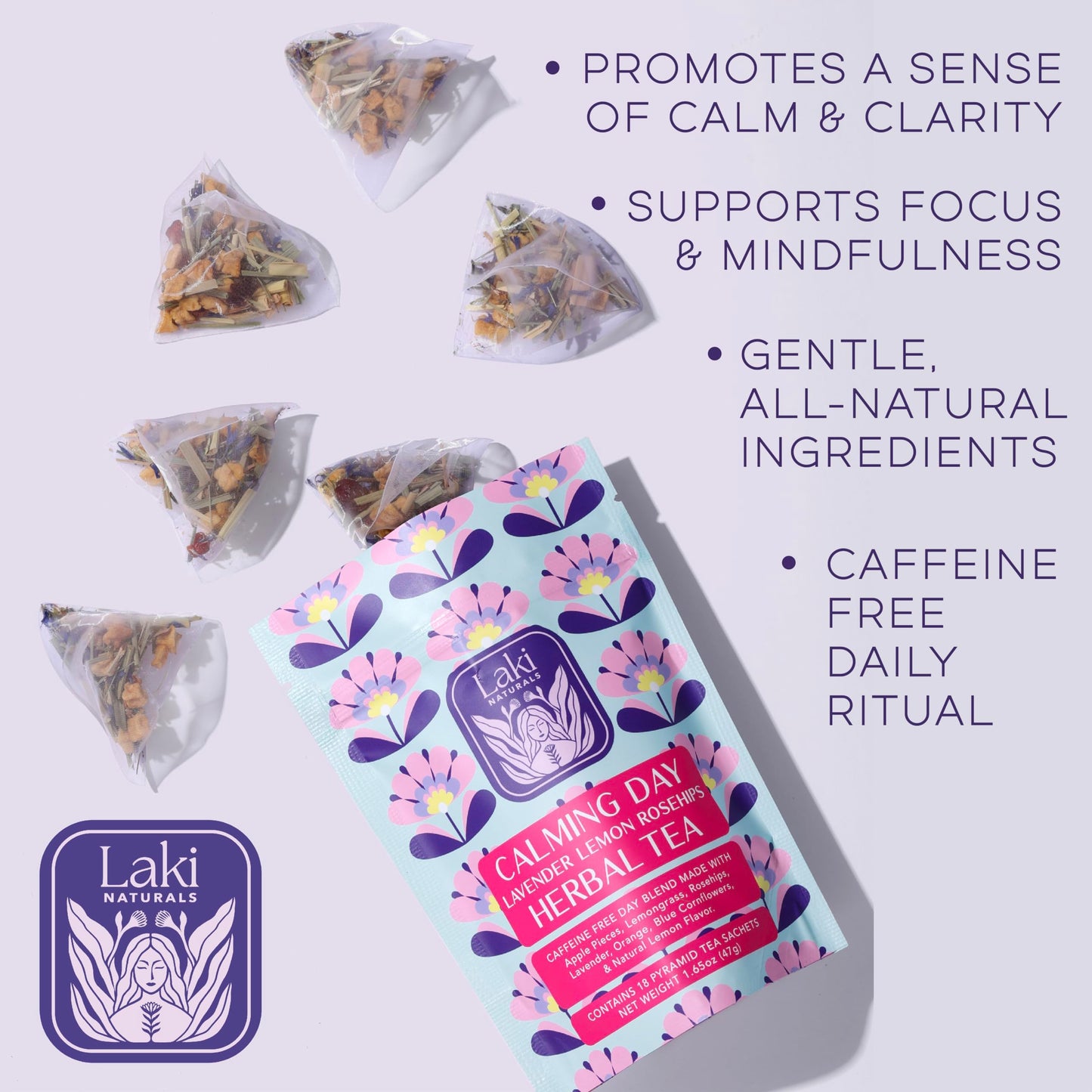 Calming Day Herbal Tea (1.65 Oz, Pack Of 18 Tea Bags) – Relaxing Caffeine-Free Tea With Lavender, Rosehips And Lemongrass – Gift For Focus, Clarity, Relaxation And Wellness