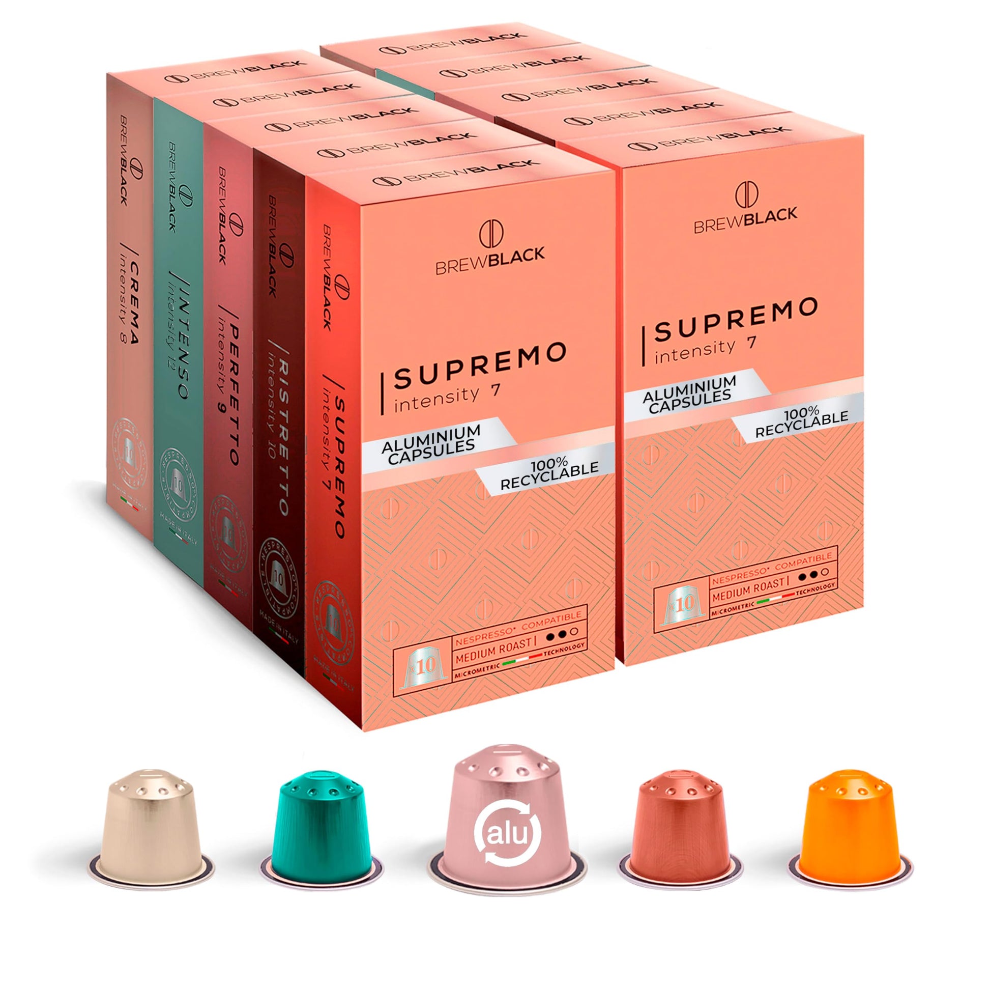 BREWBLACK BrewBlack Variety Pack Coffee Capsules - 100 Aluminum Pods, Medium & Dark Roast, Compatible with Nespresso Original, 10 Count
