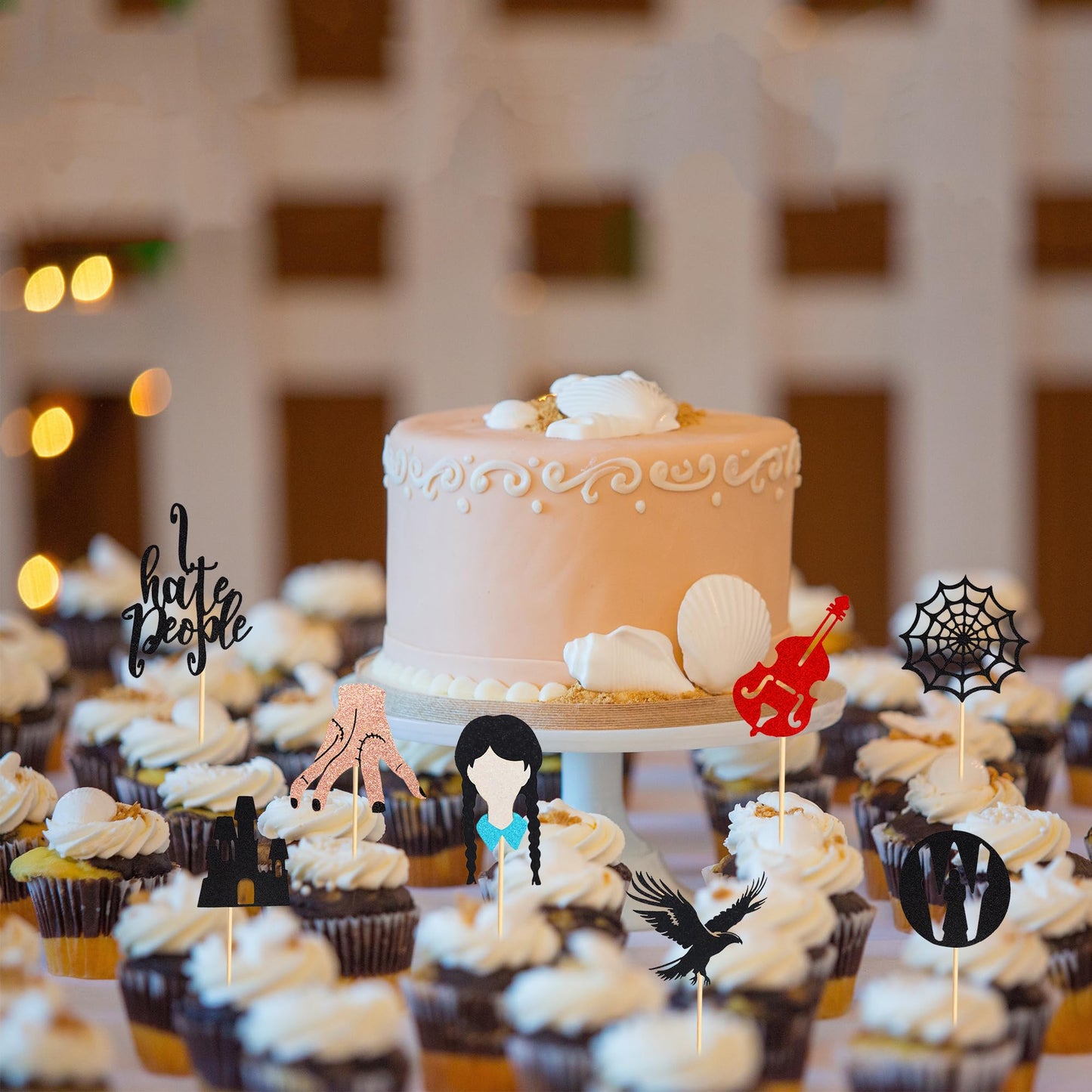 Arthsdite Cupcake Toppers 24Pcs Set, Black Eagle & Cobweb Design, Cardboard, Small, Wednesday Addams Theme