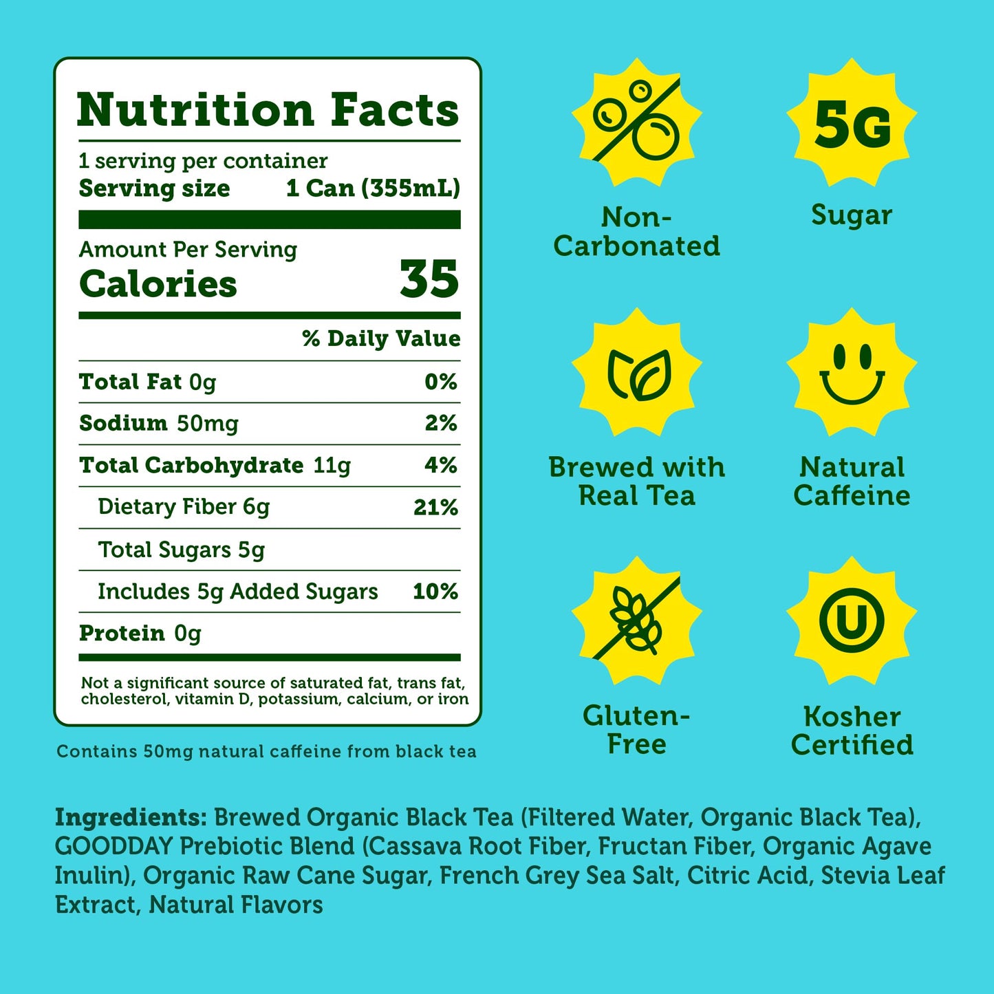 Halfday Prebiotic Sweet Tea Iced Tea Cans, 12 fl oz, 12 Pack, Organic, 6g Plant Fiber, 5g Sugar, Gluten Free, Keto, Natural C