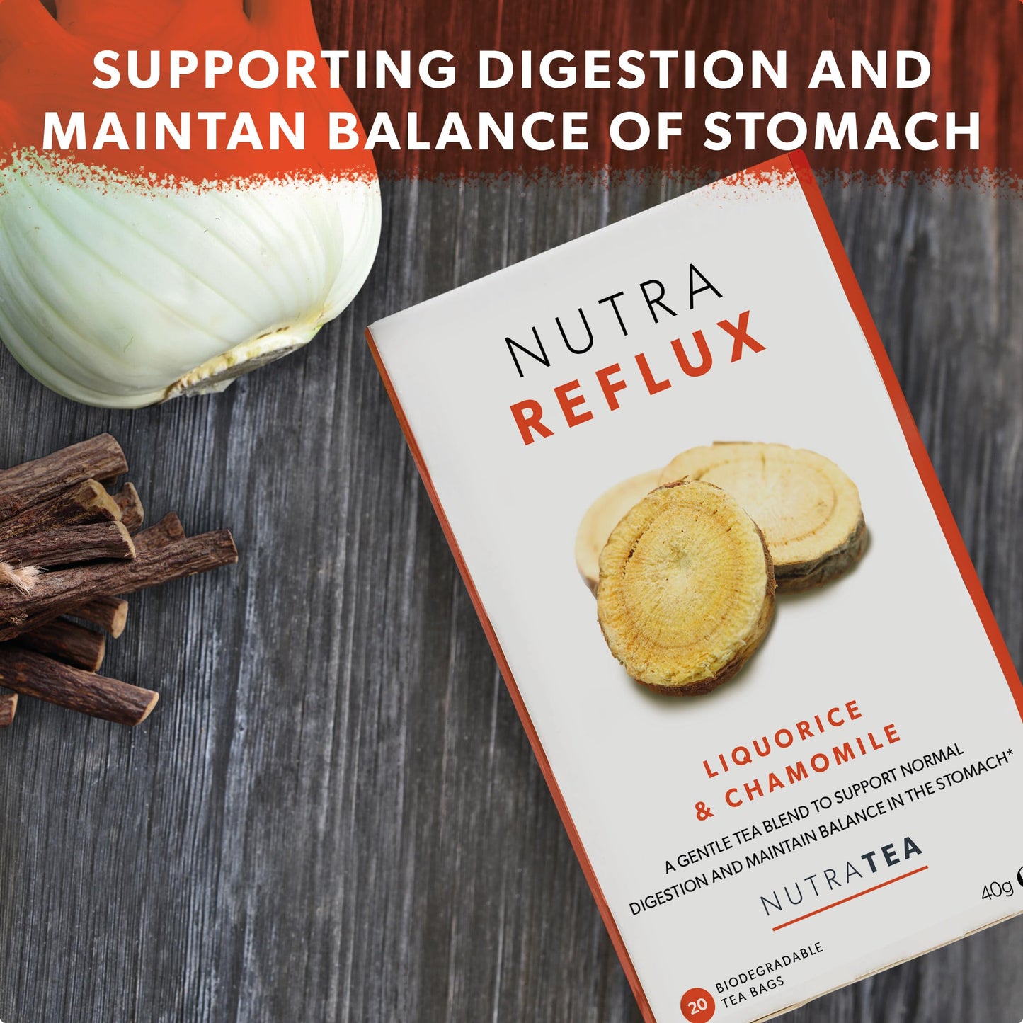 Nutra Tea Acid Reflux Tea - Herbal Tea for Stomach Relief - 20 Enveloped Tea Bags - Includes Slippery Elm, Fennel & Licorice