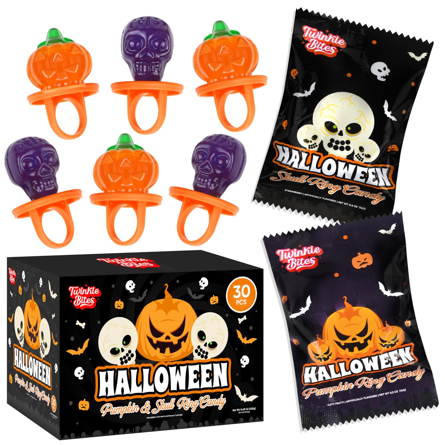 30 Pack Halloween Ring Candy - Individually Wrapped Holiday Themed Pumpkin And Skull Lollipops - Trick Or Treat Strawberry And Tutti Frutti Delicious Candys - Bulk Halloween Suckers Great Use  For Kids  Party Favor  Classrooms  Goodie Bags