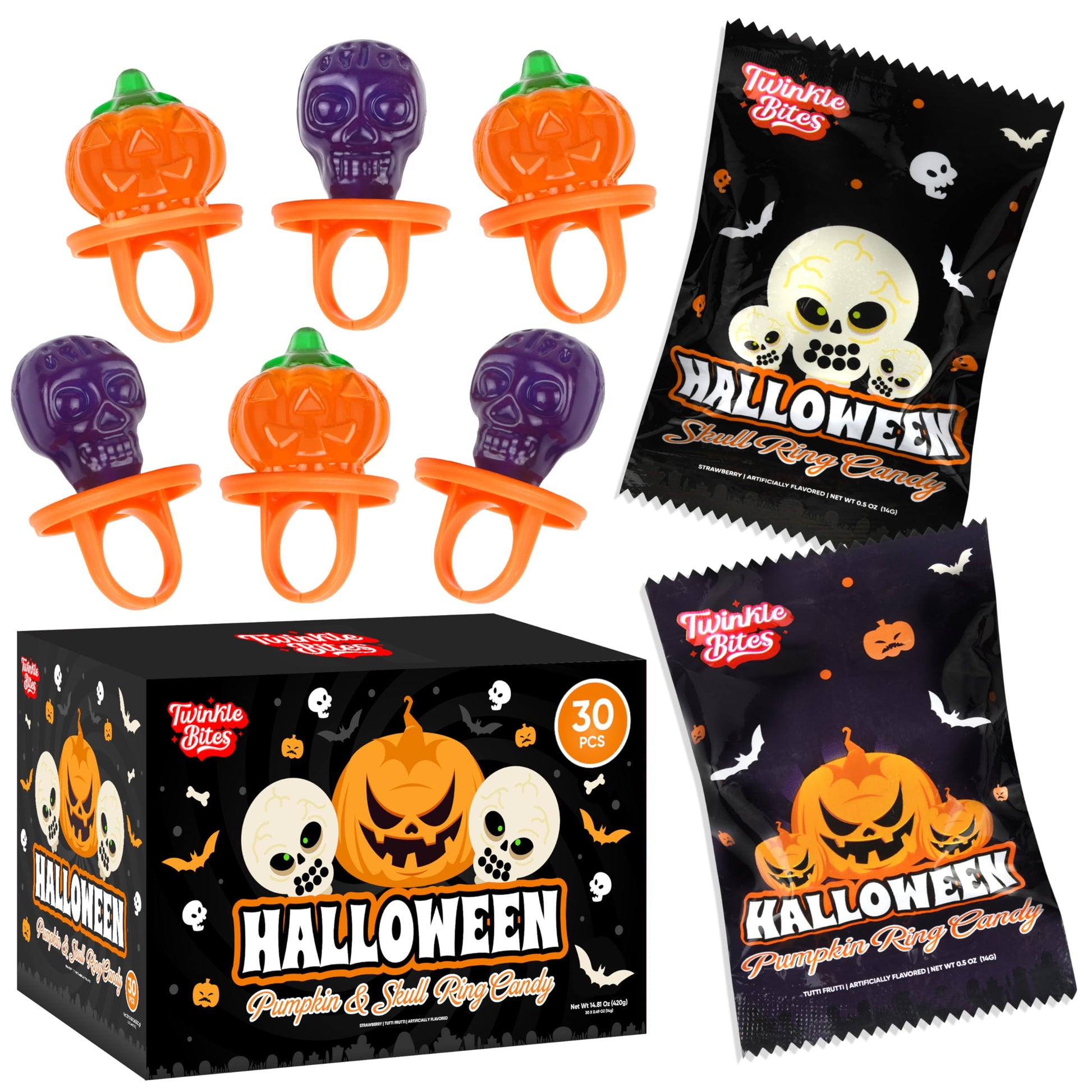 30 Pack Halloween Ring Candy - Individually Wrapped Holiday Themed Pumpkin And Skull Lollipops - Trick Or Treat Strawberry And Tutti Frutti Delicious Candys - Bulk Halloween Suckers Great Use  For Kids  Party Favor  Classrooms  Goodie Bags