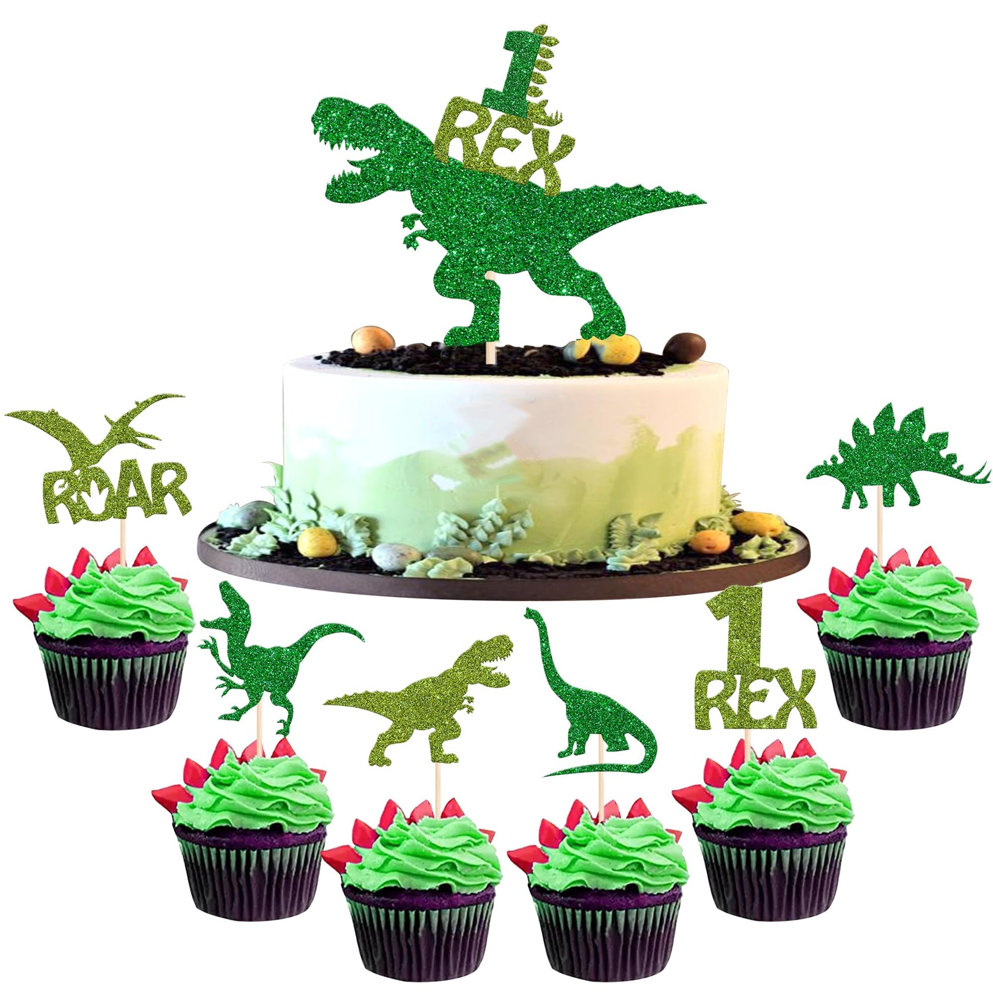 YCTHUNFISH Dinosaur Cupcake Toppers 25 Pack Glitter Green Paper Picks for Baby Shower Birthday Party