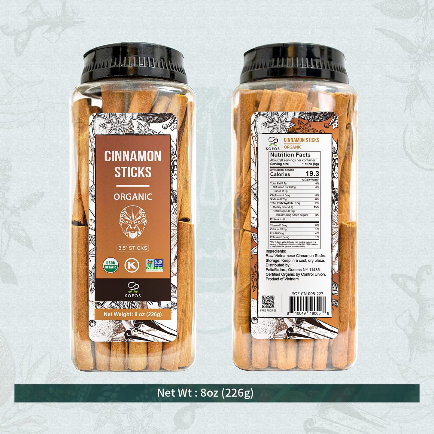 Soeos Organic Cinnamon Sticks, Cinnamon, Ground Cinnamon, Cinnamon Sticks, 100% Raw, Non-GMO, Kosher Certified, Cinnamon Seasoni