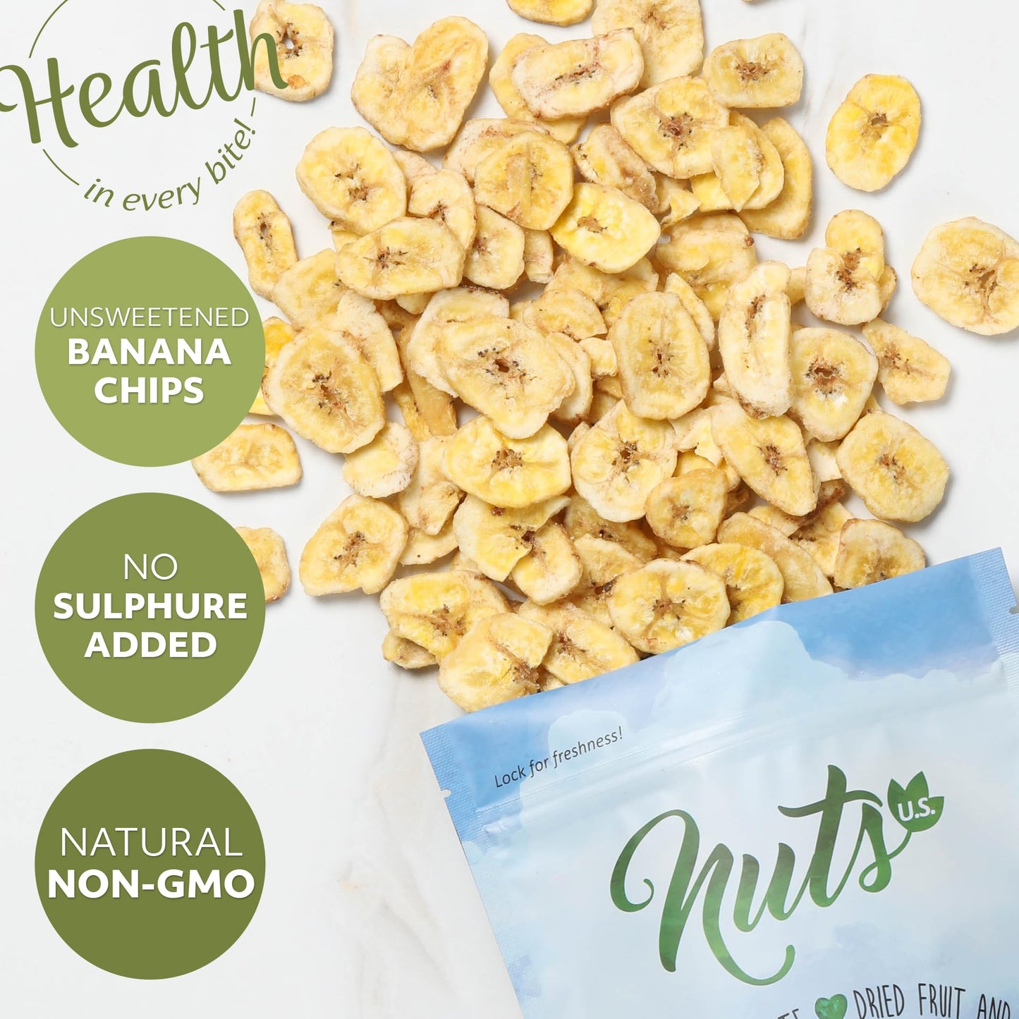 NUTS U.S. Unsweetened Banana Chips, No Sulphur, Non-GMO, 1 Pound Resealable Bag
