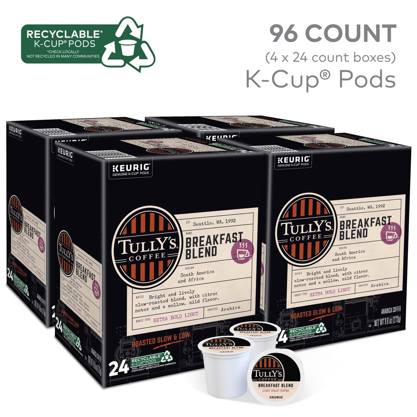Tully'S Coffee Breakfast Blend Keurig Single-Serve K-Cup Pods, Light Roast Coffee, 96 Count (4 Packs Of 24)