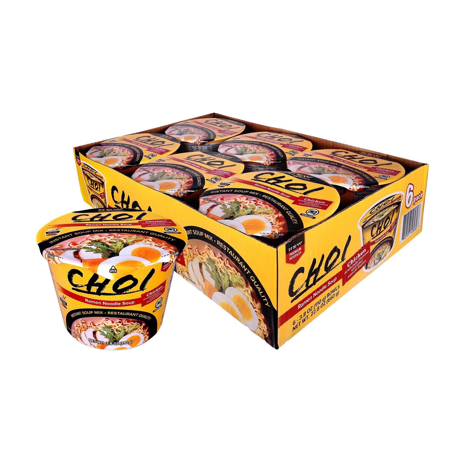 CHOI Instant Ramen Noodle Soup Mix, Chicken Flavor, 3.8 oz Bowl, Bulk Case of 6