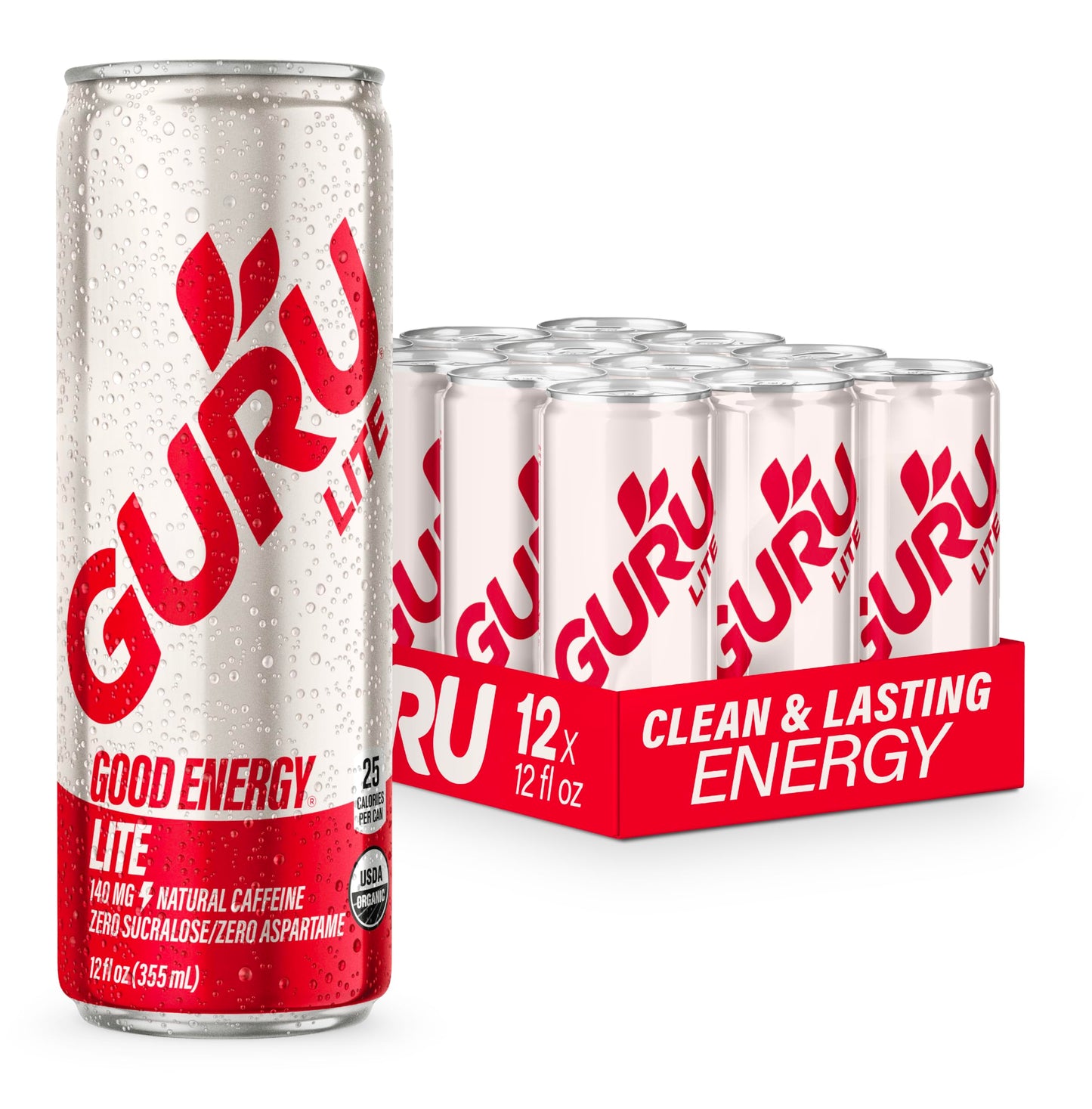 Guru Lite Organic Energy Drinks, Plant-Based Caffeine, Low Calorie, 12oz (Pack of 12), Clear, Model 224605
