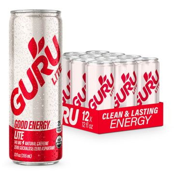 Guru Lite Organic Energy Drinks, Plant-Based Caffeine, Low Calorie, 12oz (Pack of 12), Clear, Model 224605