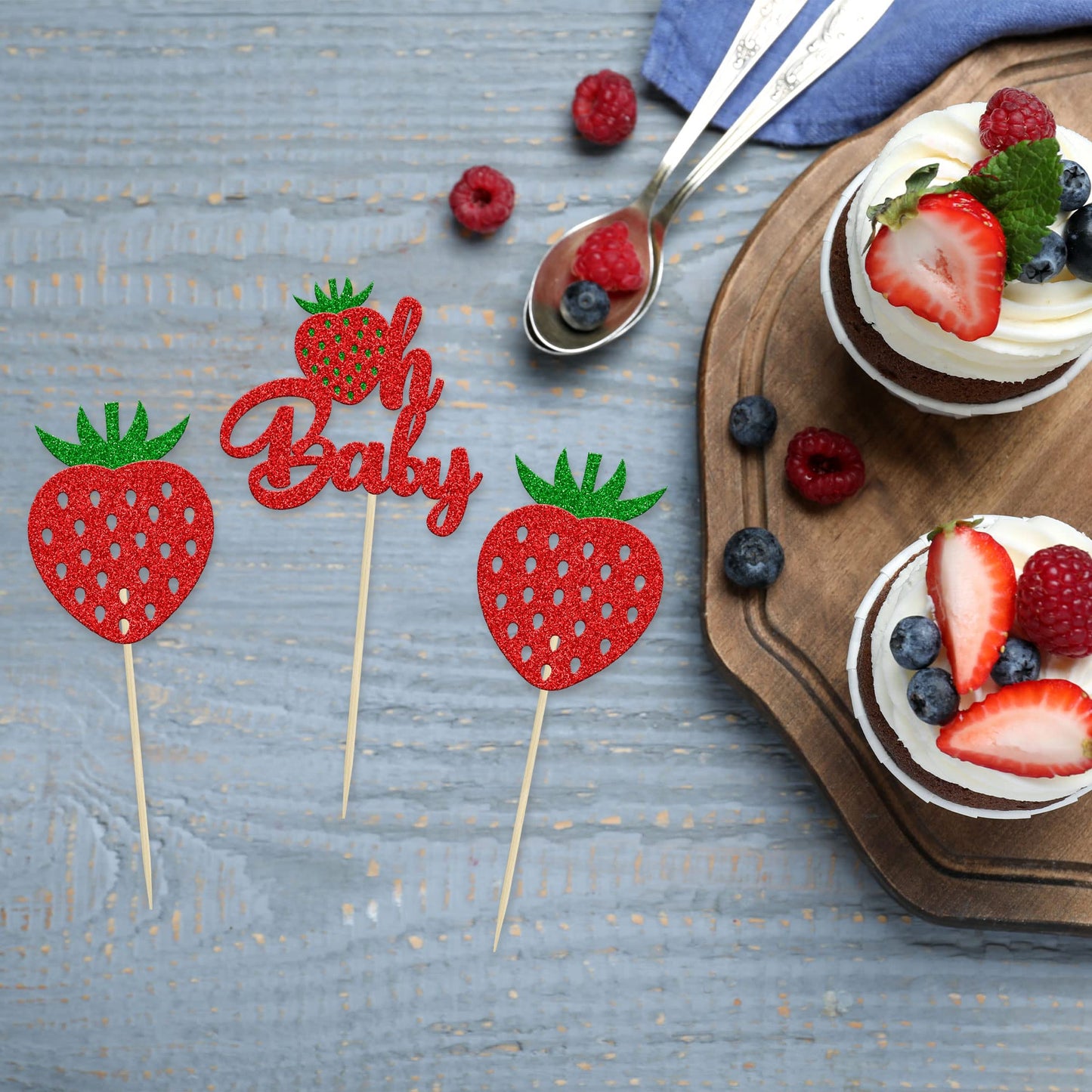 24Pcs Strawberry Oh Baby Cupcake Toppers Glitter Fruit Theme Babyshower Strawberry Cupcake Picks For Gender Reveal Baby Shower K