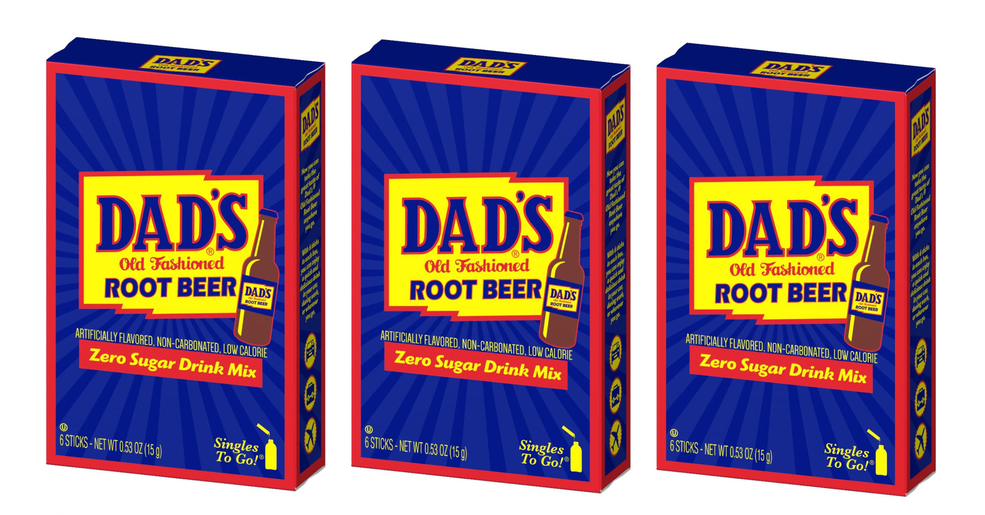 Singles To Go! DadS Old Fashioned Root Malt Drink - Sugar Free Powdered Drink Mix - 3 Boxes With 6 Sticks Per Box - 18 Total Packets - Low Calorie - 0.53 Ounce (Pack Of 3)