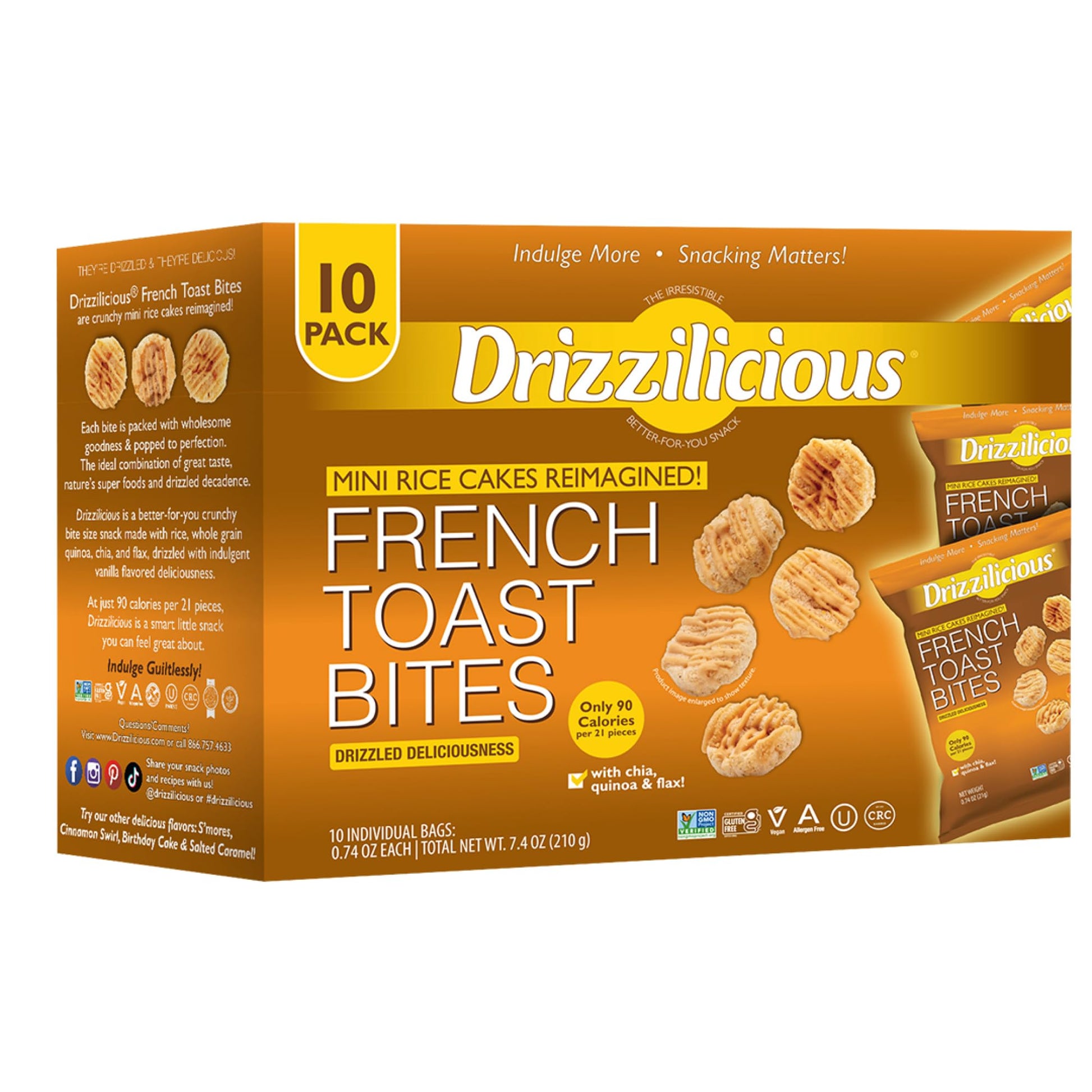 Drizzilicious Mini Rice Cakes French Toast - Rice Crisps  Healthy Snack for mature-themeds and Kids  Flavored Rice Cakes  Vegan  Gluten Free  Allergen Free  Only 90 Calories Per Bag - .74 oz (Pack of 10)