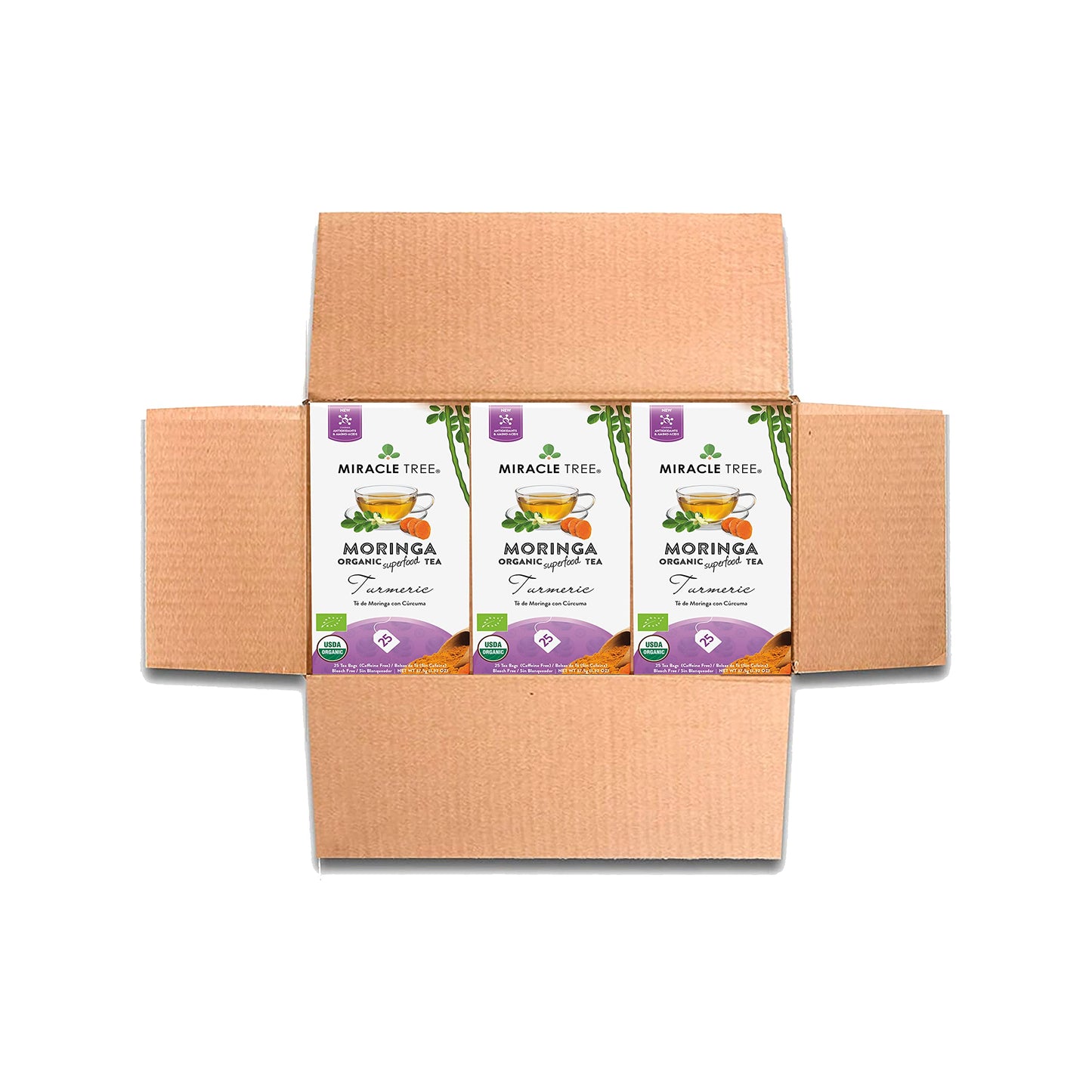 Miracle Tree Organic Moringa Superfood Tea - 25 Sealed Bags, Turmeric, 3 Count, Vegan, Gluten-Free, Caffeine-Free