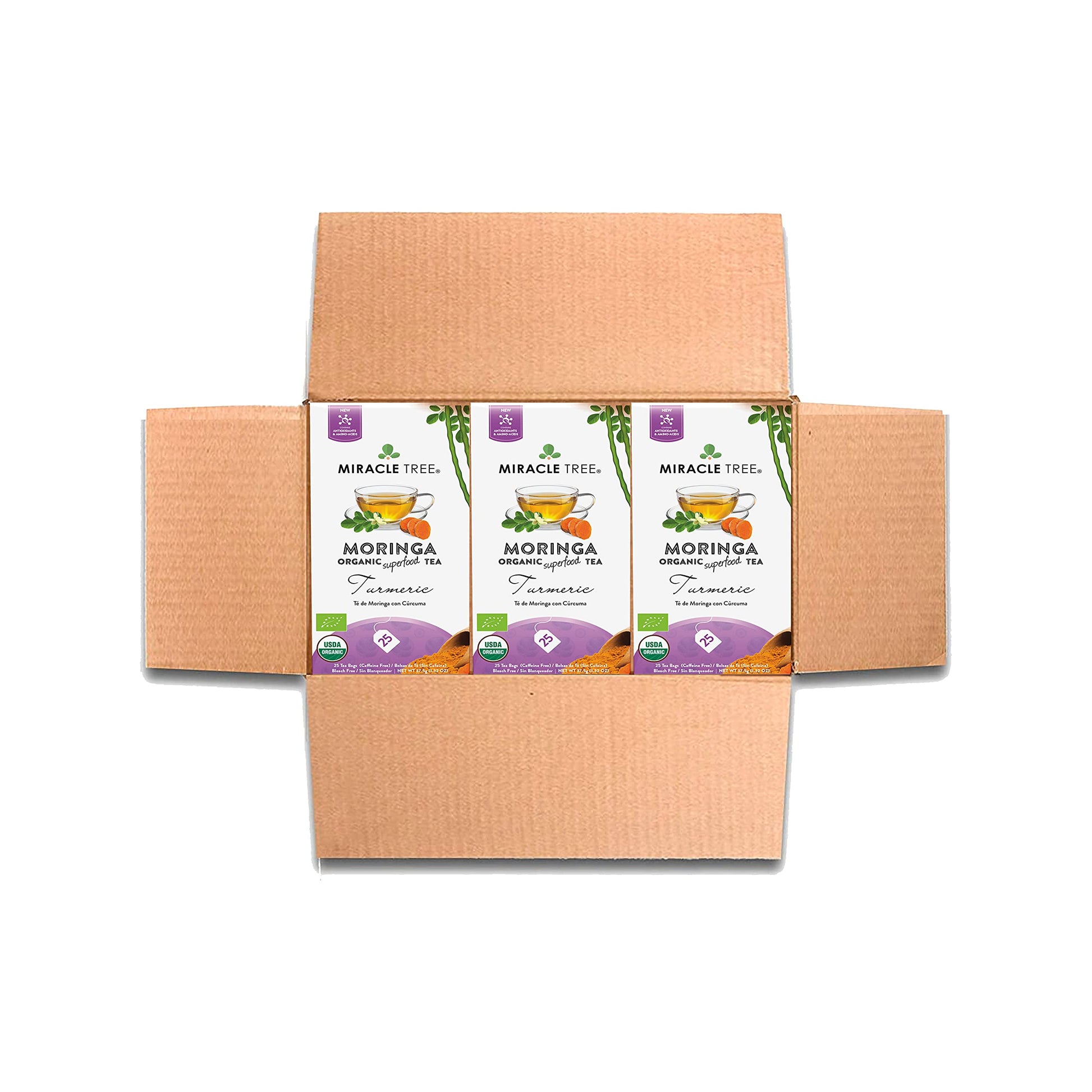 Miracle Tree Organic Moringa Superfood Tea - 25 Sealed Bags, Turmeric, 3 Count, Vegan, Gluten-Free, Caffeine-Free