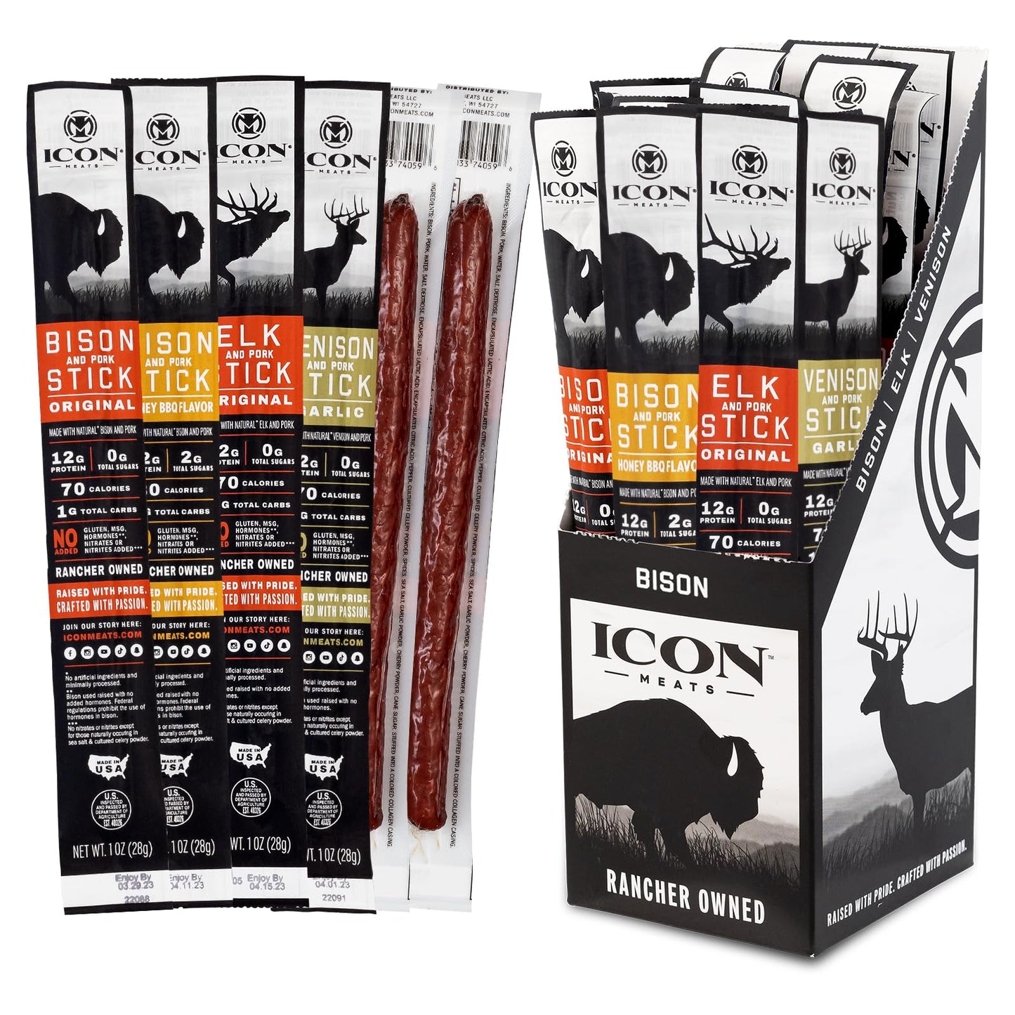 Icon Meats Snack Sticks Sampler - Assorted Flavors Of Bison, Elk, Venison And Pork Jerky Sticks - 24 Pack Of Individually Wrappe