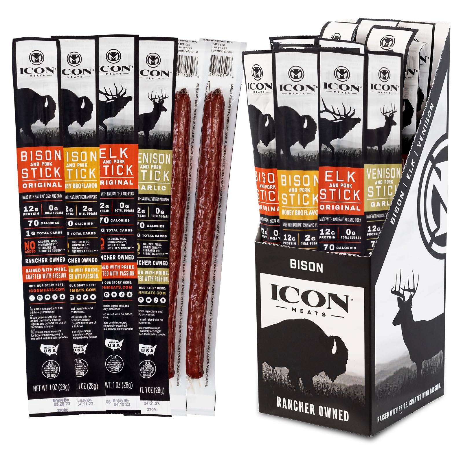 Icon Meats Snack Sticks Sampler - Assorted Flavors Of Bison, Elk, Venison And Pork Jerky Sticks - 24 Pack Of Individually Wrappe