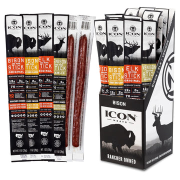 Icon Meats Snack Sticks Sampler - Assorted Flavors Of Bison, Elk, Venison And Pork Jerky Sticks - 24 Pack Of Individually Wrappe