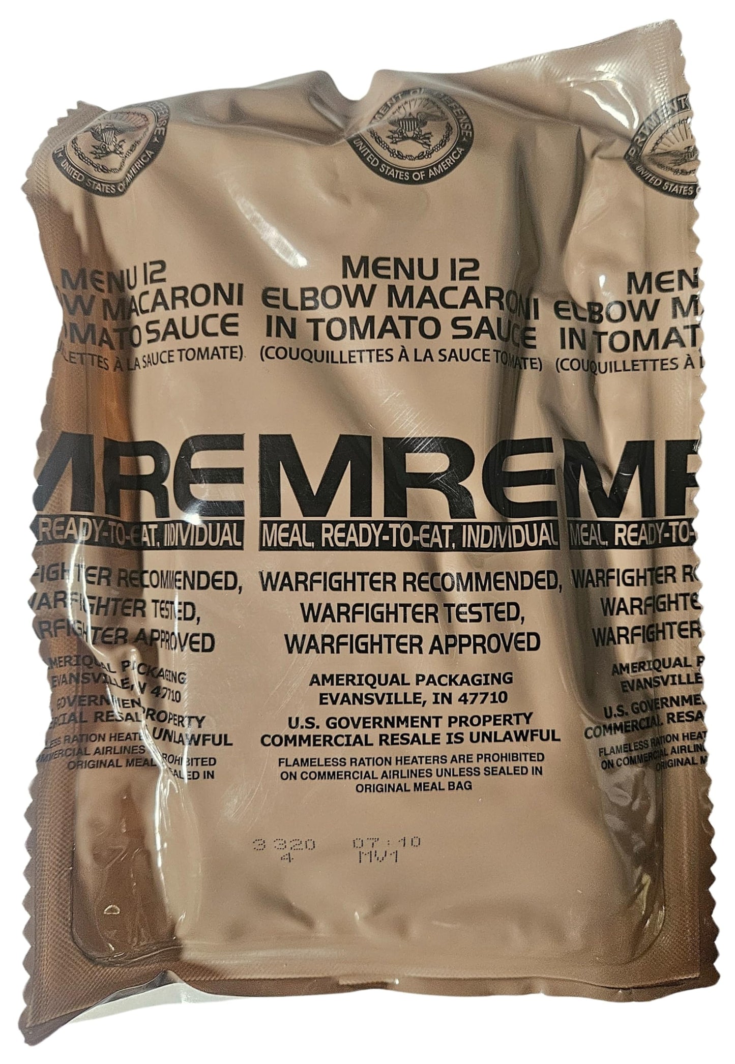 EPIDEMIC PROOF Genuine USGI MRE Meal, Ready to Eat, Elbow Macaroni, 1.5 lbs, Inspection Date 01/2026 or Newer, Includes