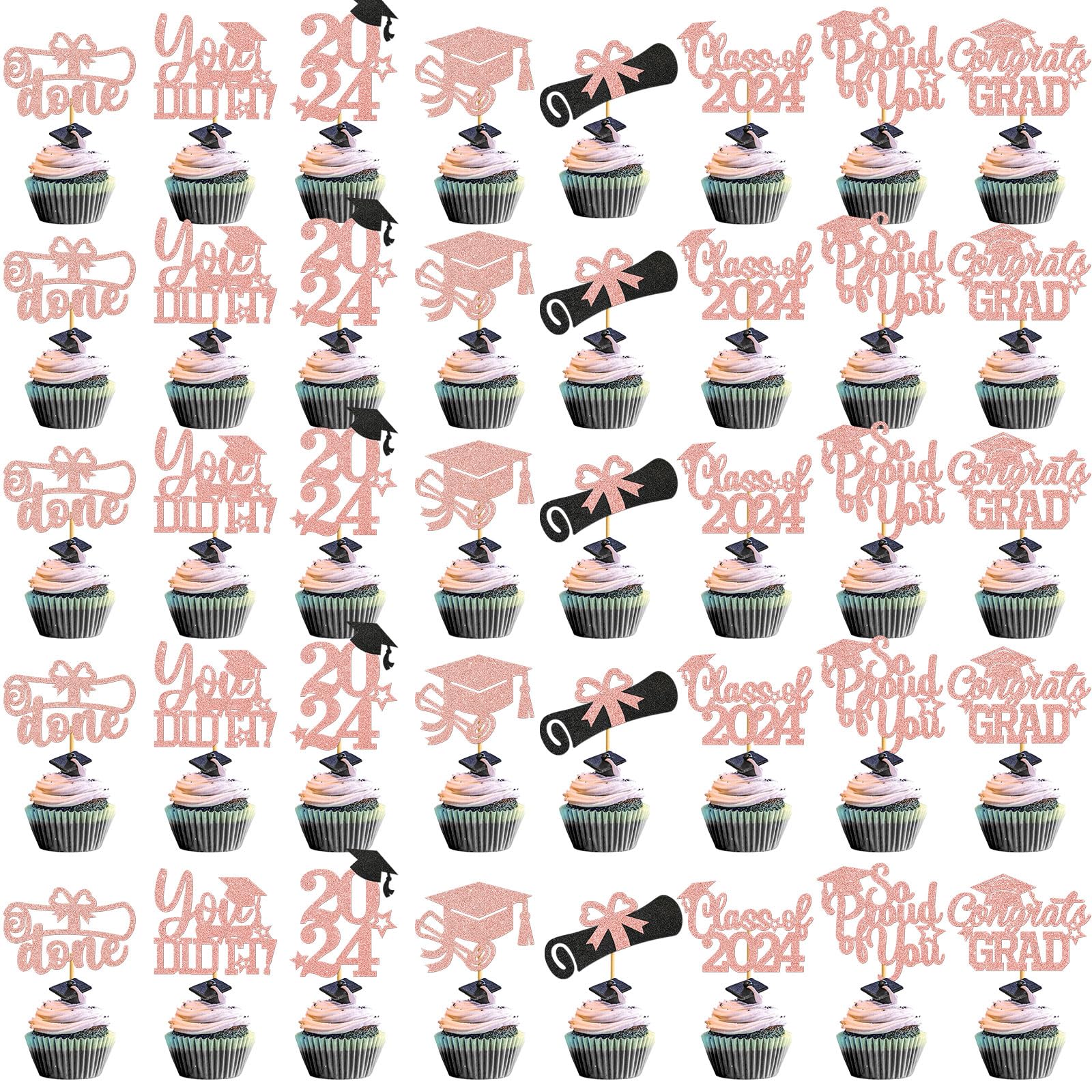 Ttdq 40Pcs Rose Gold Graduation Cupcake Toppers 2024 Graduation Decorations Class Of 2024 Cupcake Toppers 2024 Congrats Grad Cap