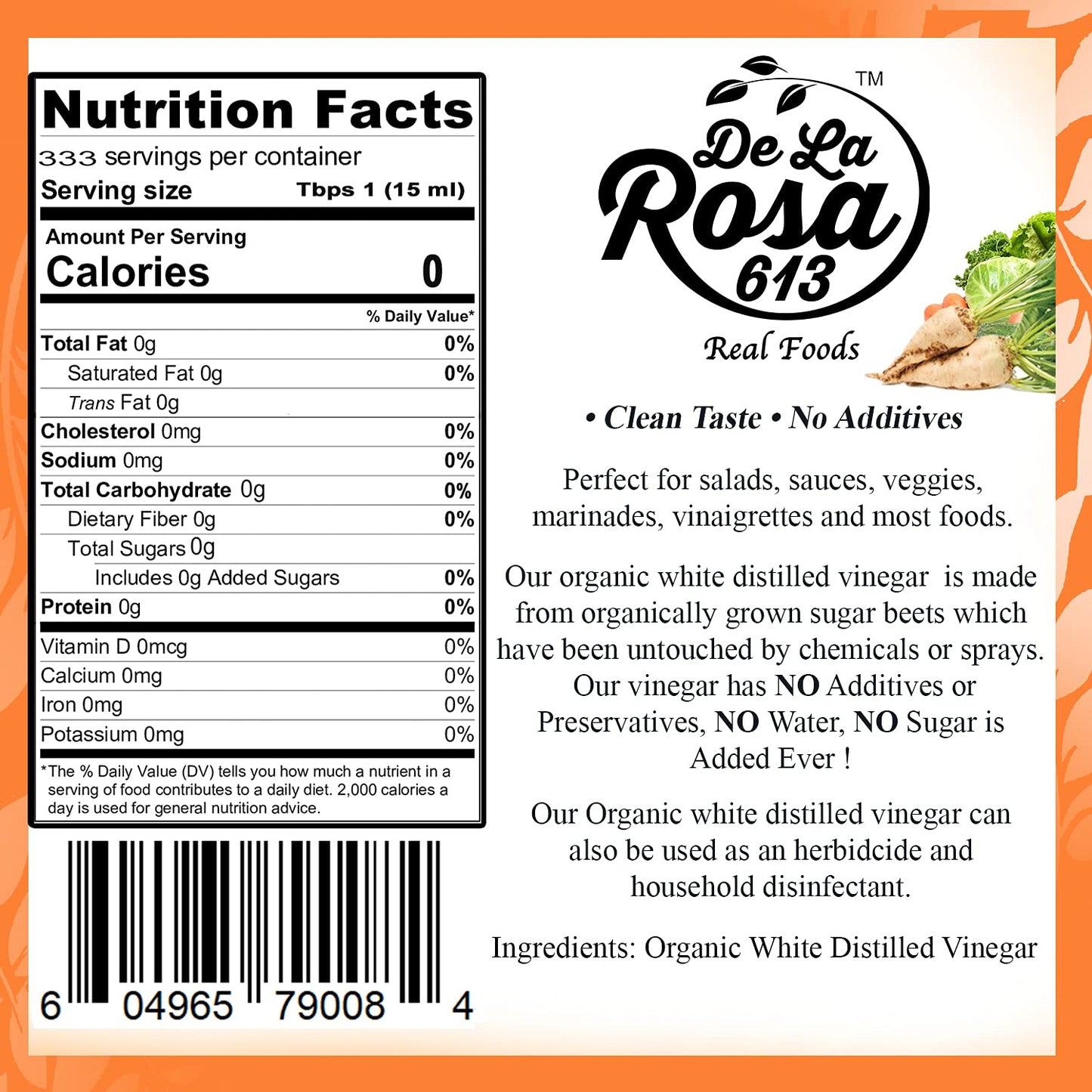 De La Rosa Organic Distilled White Vinegar, Raw & Unfiltered, 5 Liter, Vegan, Gluten Free, Kosher for Passover