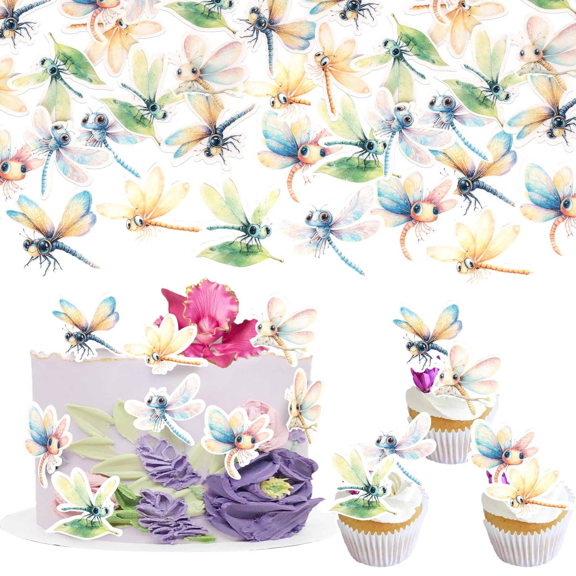 60 Pcs Edible Dragonfly Cupcake Toppers Wafer Paper Insect Birthday Cake Decorations Edible Dragonfly Cupcake Picks For Baby Shower Wedding Kids Birthday Gardon Party Cake Food Decorations Supplies