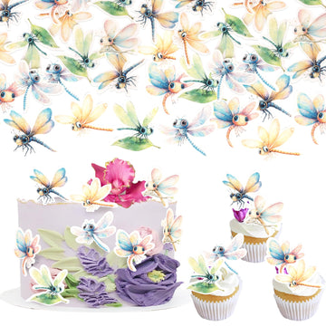 60 Pcs Edible Dragonfly Cupcake Toppers Wafer Paper Insect Birthday Cake Decorations Edible Dragonfly Cupcake Picks For Baby Shower Wedding Kids Birthday Gardon Party Cake Food Decorations Supplies