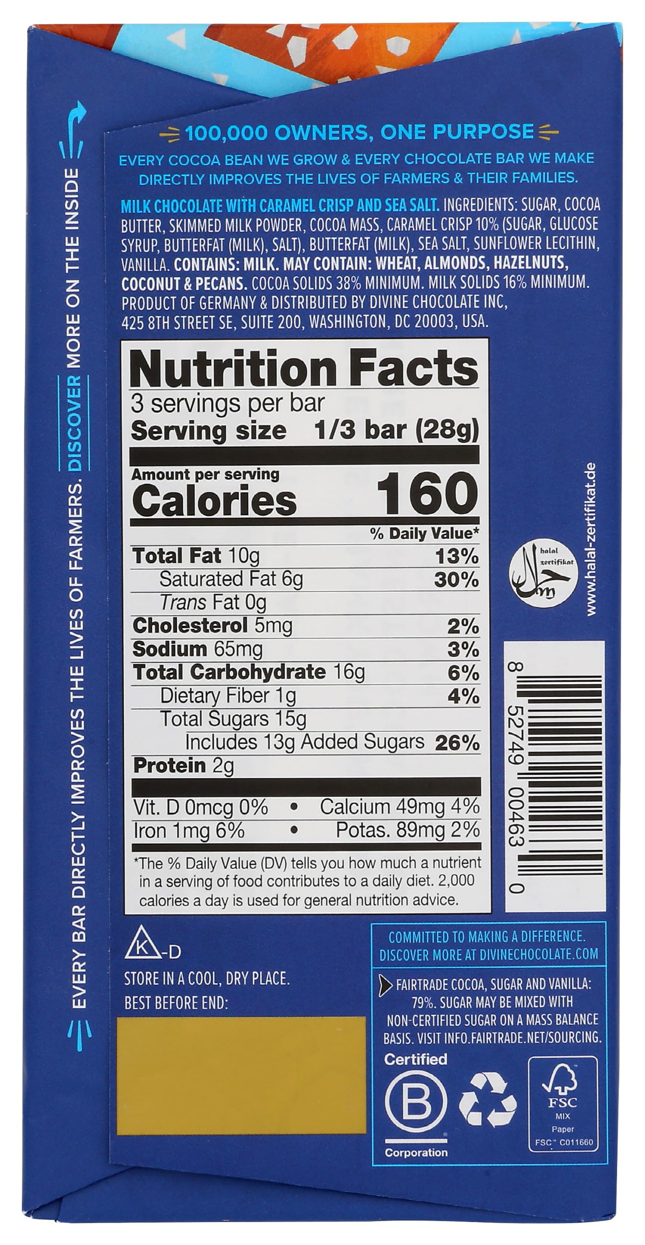 DIVINE CHOCOLATE Chocolate, 38% Milk Chocolate with Toffee & Sea Salt, 3 Oz