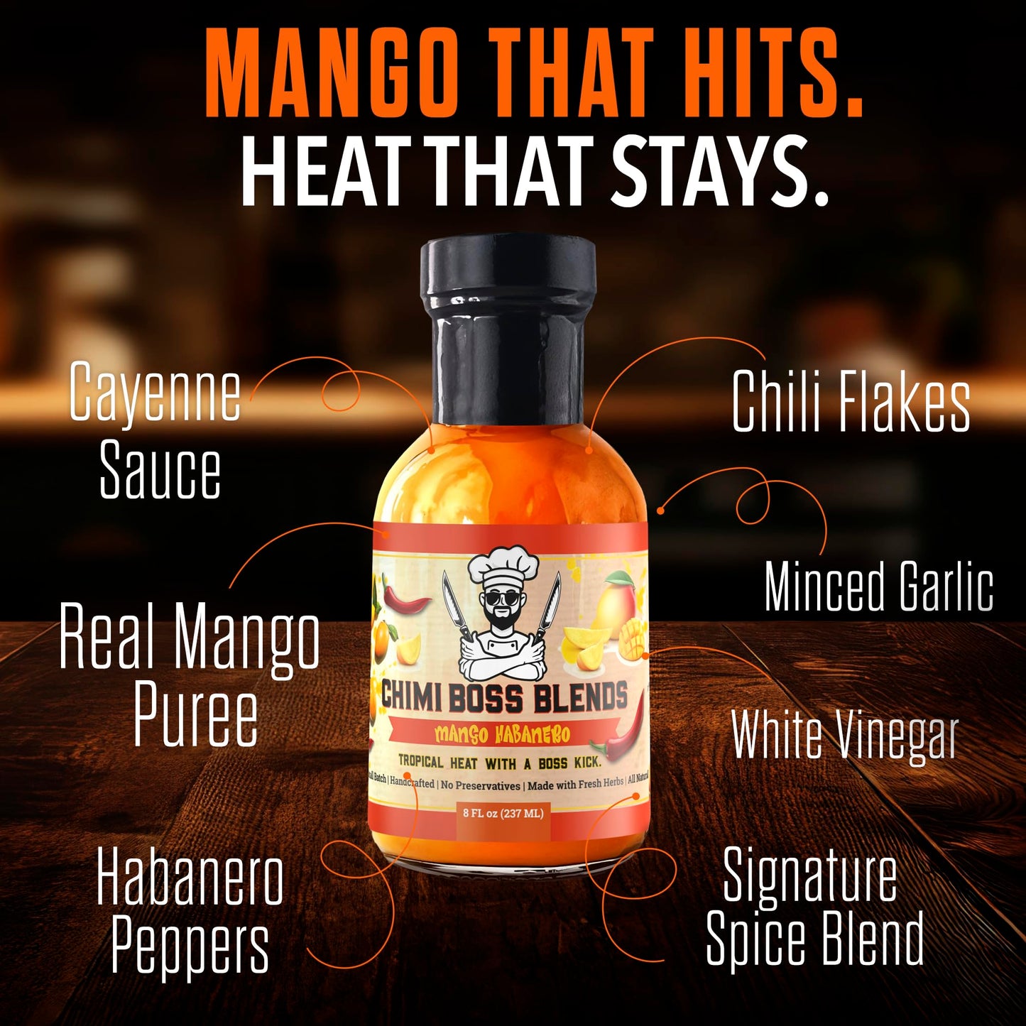 Chimi Boss Mango Habanero Sauce - Sweet-Heat Flavor Explosion for Tacos, Chicken, Pizza & More - 8 fl oz Bottle - Small Batch, U