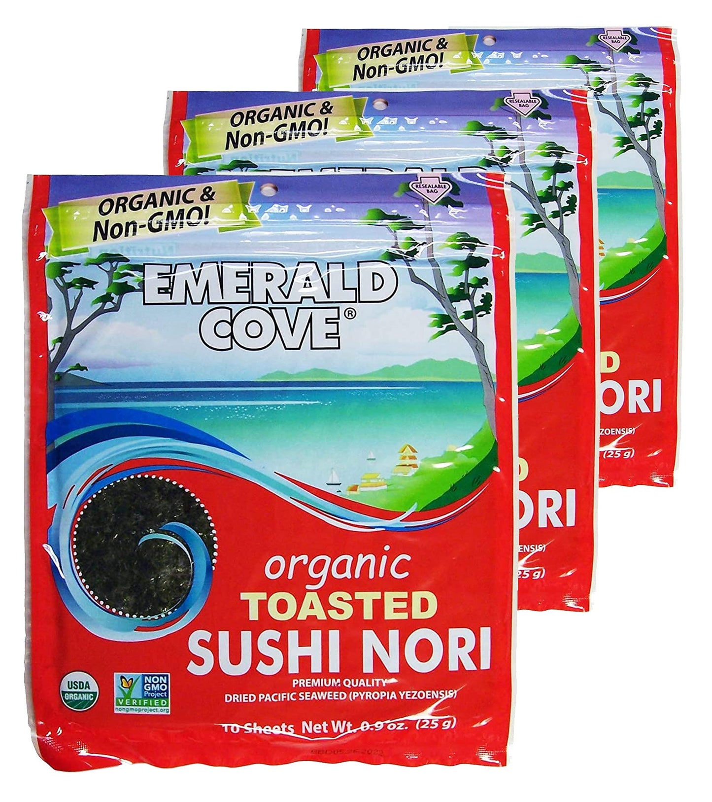 Emerald Cove Organic Nori Sheets for Sushi, Onigiri, Wraps, Non-GMO, Roasted Nori, Resealable Package, Product of Korea, 10 Shee