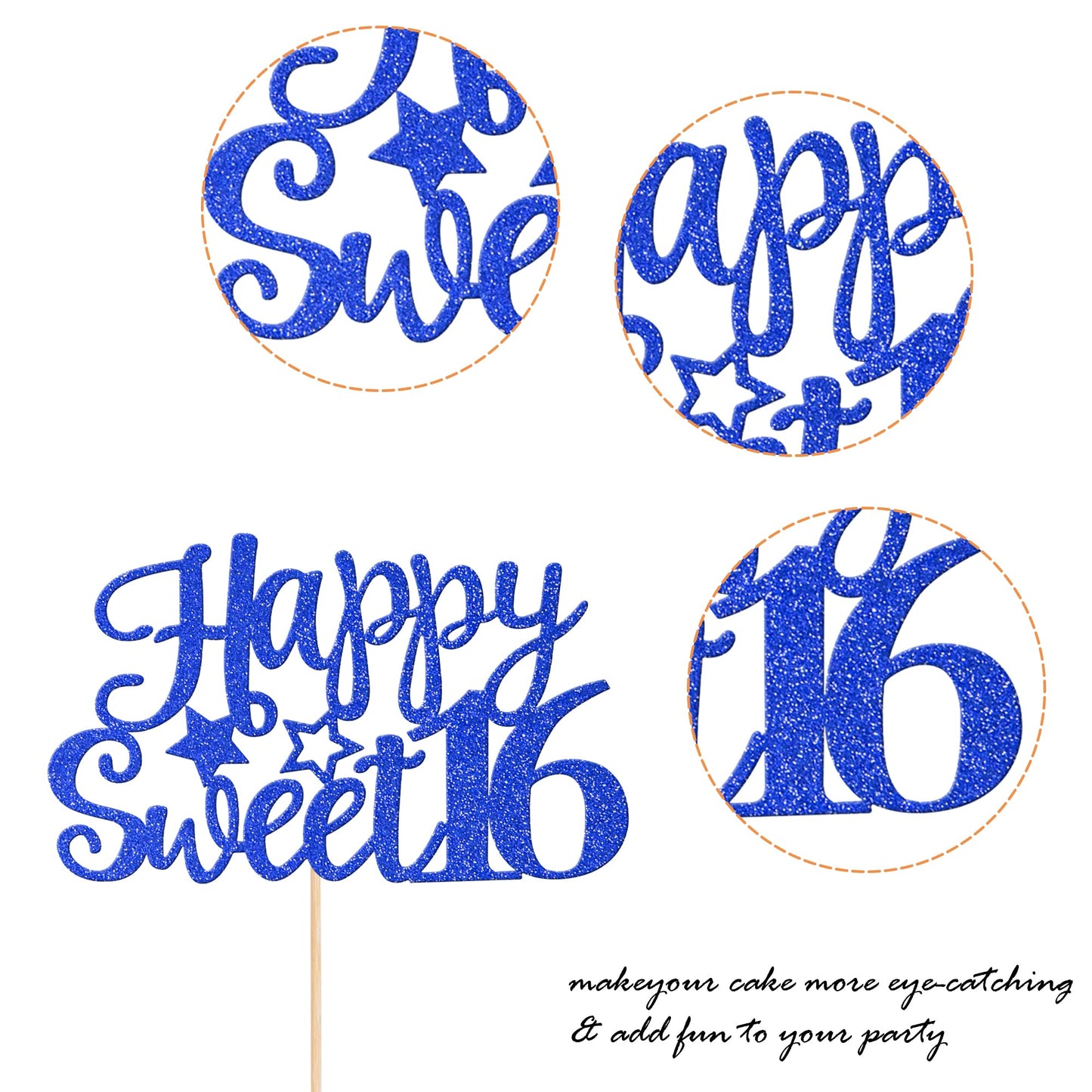 YCTHUNFISH Happy Sweet 16 Cake Topper, Glitter Cake Pick for 16th Birthday Party, Blue, Bamboo Material