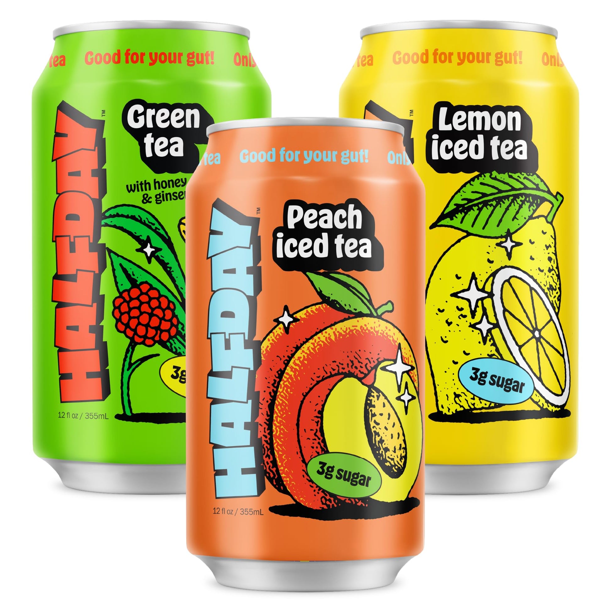 Halfday Prebiotic Iced Tea Variety Pack, Lemon & Peach, Low Sugar, 12 Fl Oz (Pack of 12), Gluten Free, Natural Caffeine