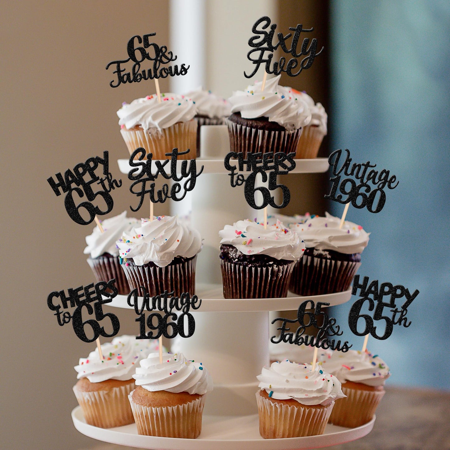 30Pcs Happy 65Th Birthday Cupcake Toppers Glitter Sixty Five Vintage 1958 Cupcake Picks 65 Fabulous Cheers To 65 Years Cake Deco