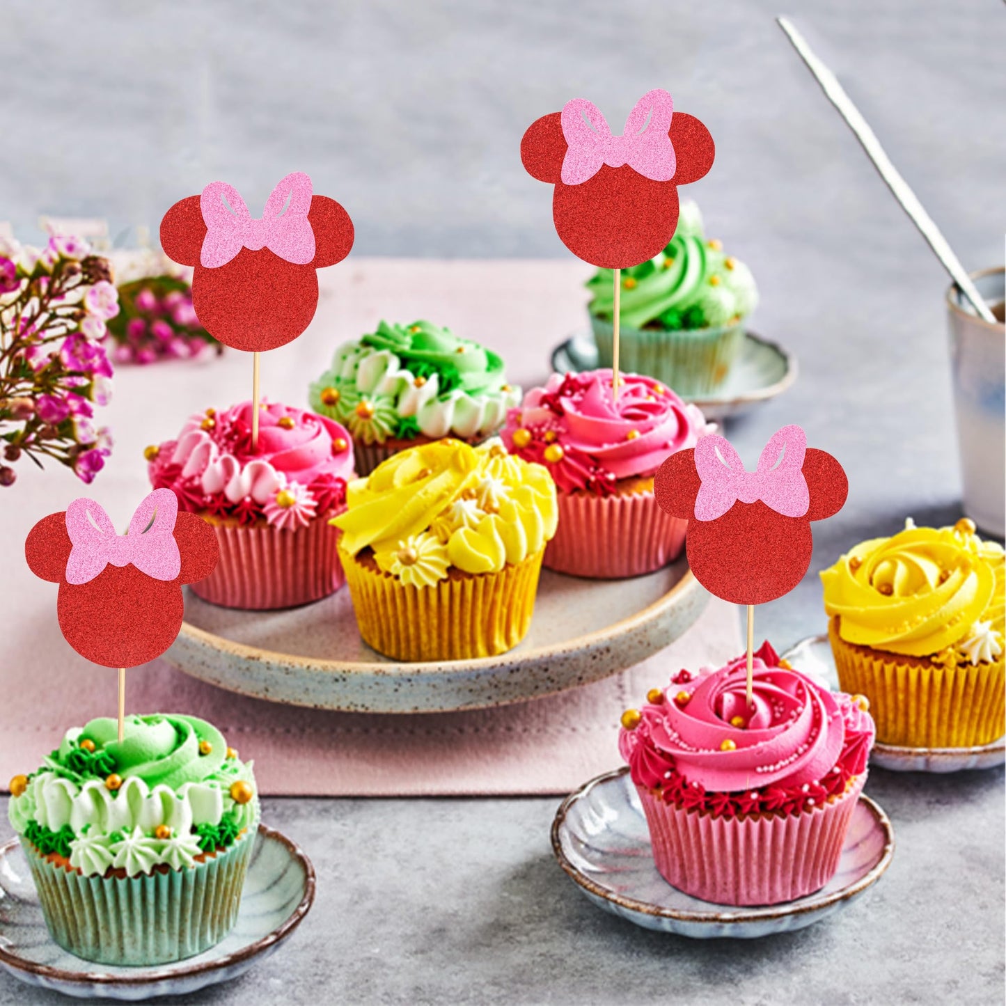 Arthsdite 24Pcs Mouse Inspired Cupcake Toppers With Pink Bow Red Glitter Mouse Cake Decorations For Baby Shower Wedding Kids Bir