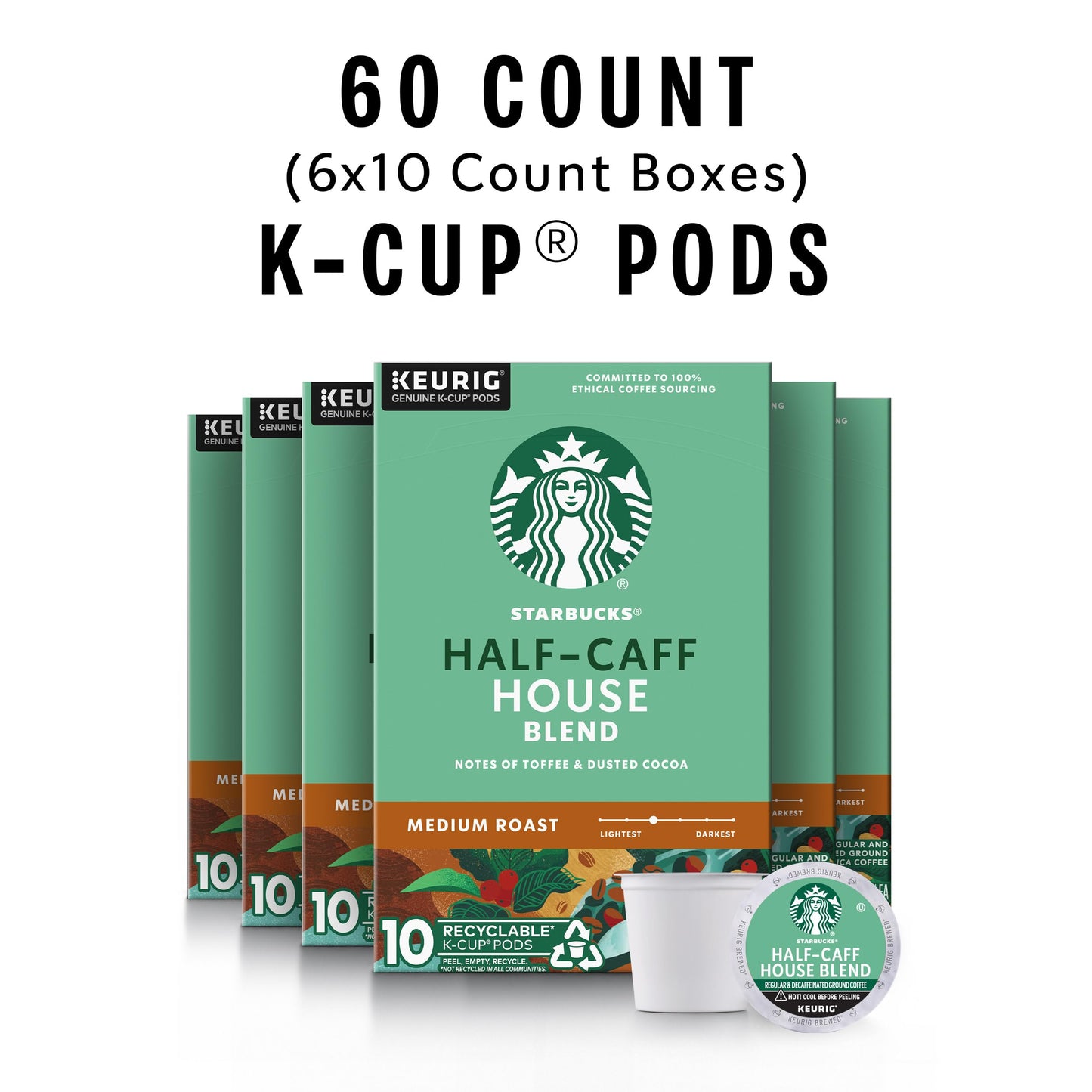 Starbucks K-Cup Coffee Pods, Medium Roast, Half-Caff House Blend, 10 Count per Box, Pack of 6, 100% Arabica