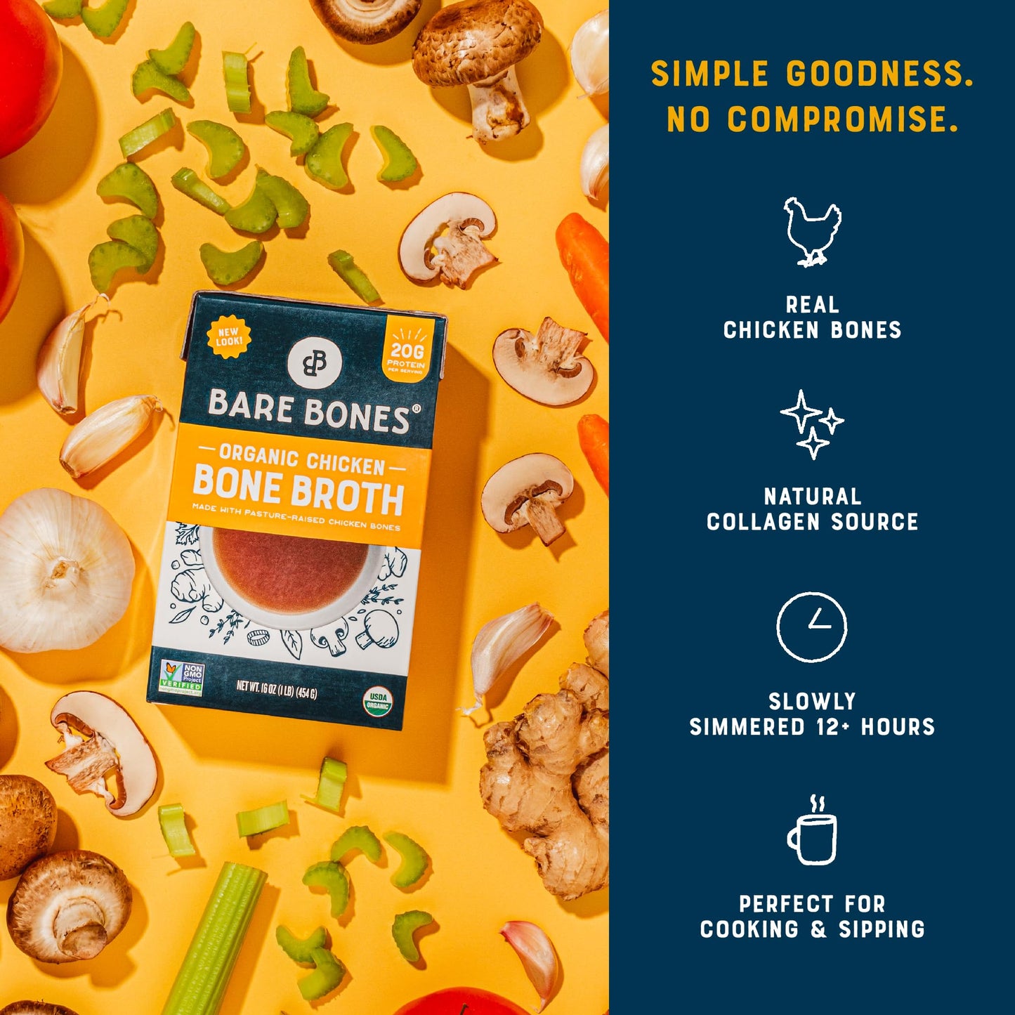 Bare Bones Organic Chicken Bone Broth | Pour w/Pasture-Raised Protein & Collagen for Cooking & Sipping | No Artificial Flavors N