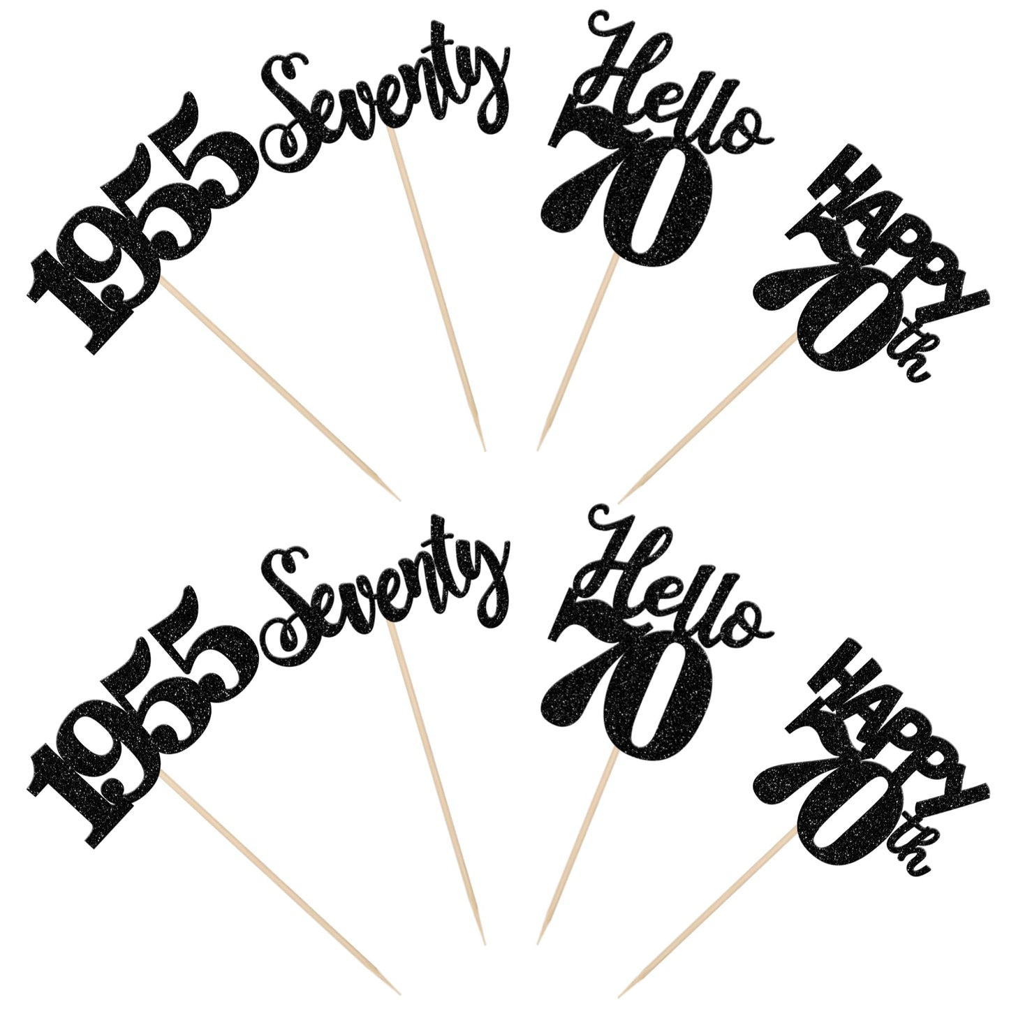 24 Pcs Black Happy 70Th Birthday Cupcake Toppers Glitter Hello 70 Cupcake Picks Seventy Since 1953 Cake Decorations For Happy 70