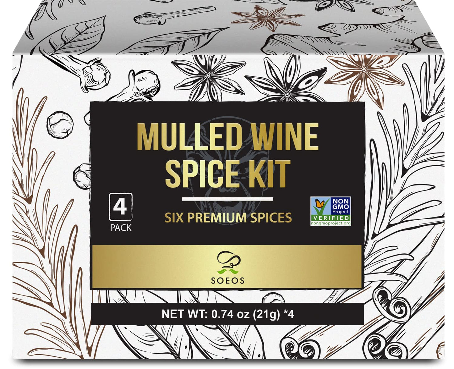 Soeos Mulled Wine Spice Kit, Six Premium Spices, 2.96 oz (0.74 oz*4), Model SOE-WSK-084-436