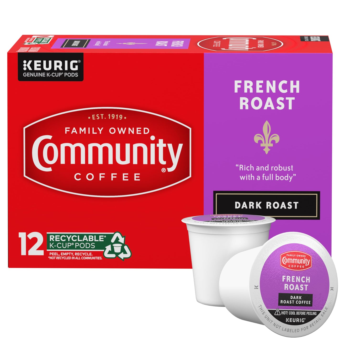 Community Coffee French Roast Coffee Pods, Extra Dark Roast, Compatible with Keurig 2.0, 12 Count, Coffee