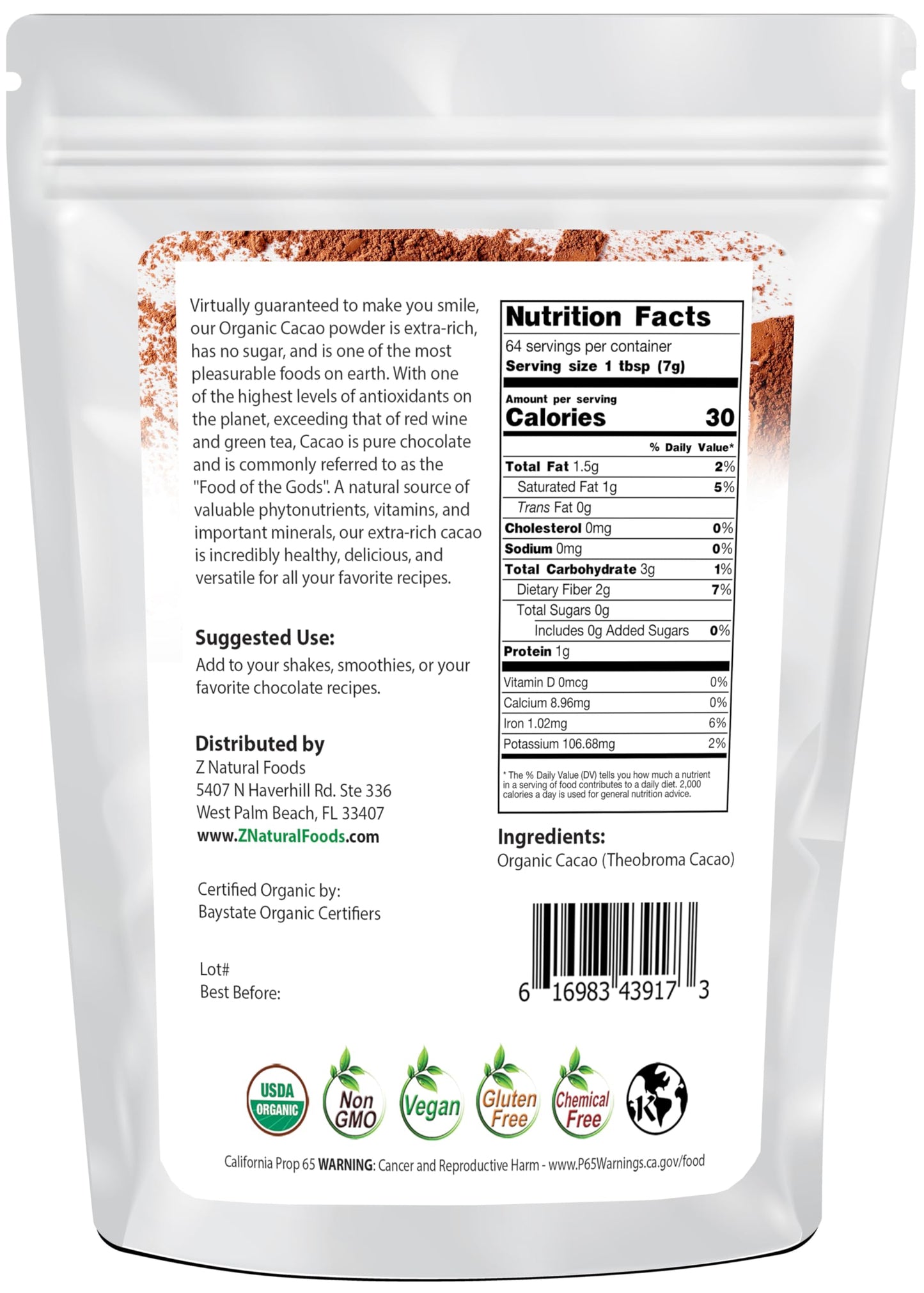 Z Natural Foods Organic Cacao Powder, Unsweetened, 1 lb - Nutrient-Dense Superfood for Healthy Aging, Rich Dark Chocolate Flavor