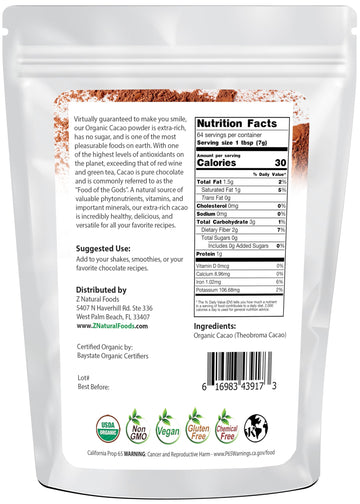 Z Natural Foods Organic Cacao Powder, Unsweetened, 1 lb - Nutrient-Dense Superfood for Healthy Aging, Rich Dark Chocolate Flavor