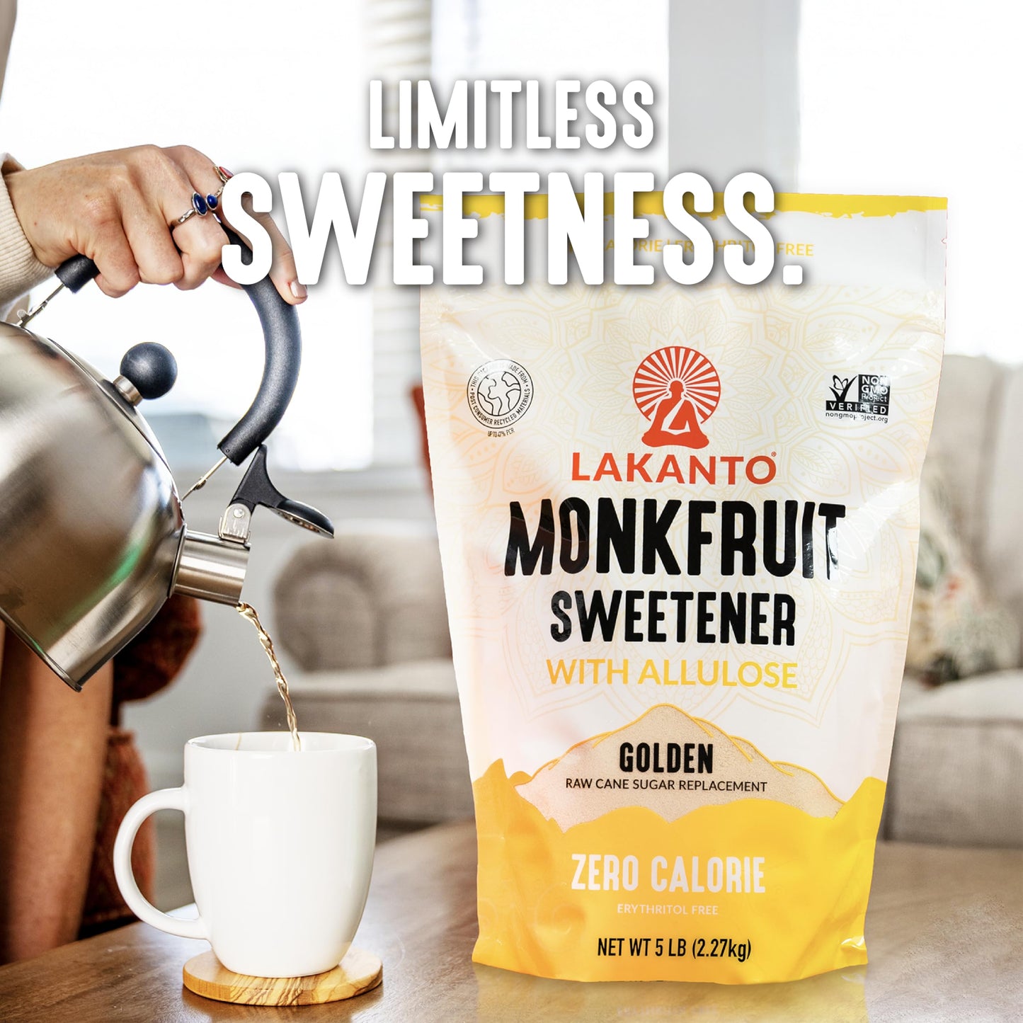 Lakanto Golden Monk Fruit Sweetener with Allulose - Raw Cane Sugar Substitute  Erythritol Free  Gluten Free  Vegan  Keto Friendly  Sugar Replacement (Golden - 5 lb - Pack of 1)