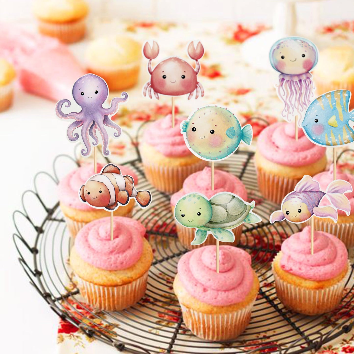 Ercadio 20Pcs Ocean Animal Cupcake Toppers Under The Sea Turtles Octopus Cupcake Picks Seahorse Coral Cake Decorations For Under