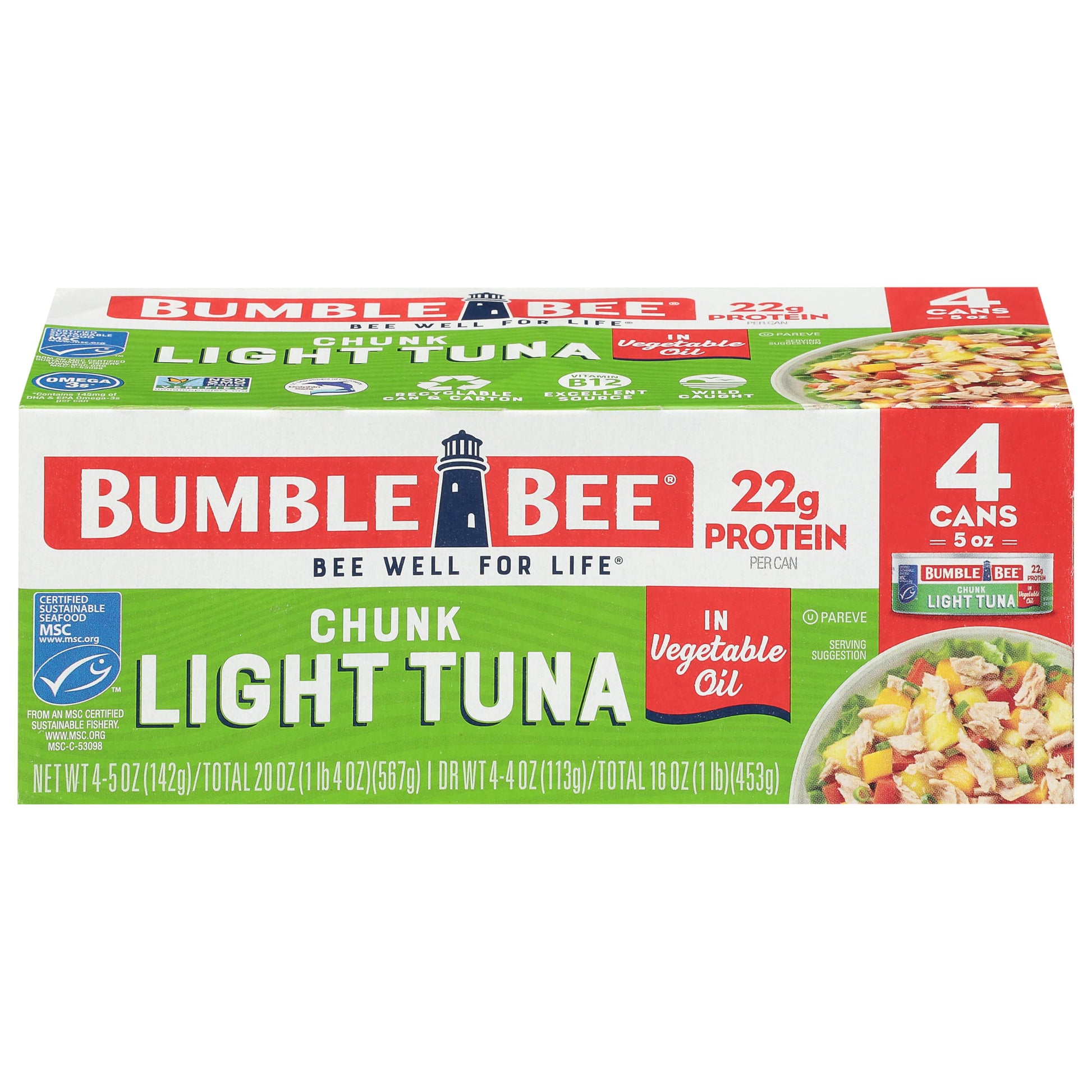 Bumble Bee Chunk Light Tuna in Oil, 5 oz Cans, Wild Caught Skipjack, Pack of 4, MSC Certified, Non-GMO, Gluten Free, Kosher