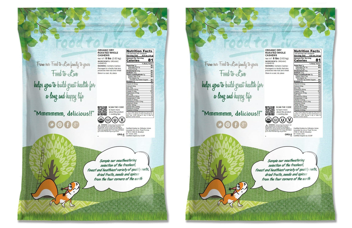 Food to Live Organic Dry Roasted Whole Cashews, 16 Pounds Non-GMO, Unsalted, Oven Roasted Nuts, No Oil Added, Kosher, Vegan, Bul