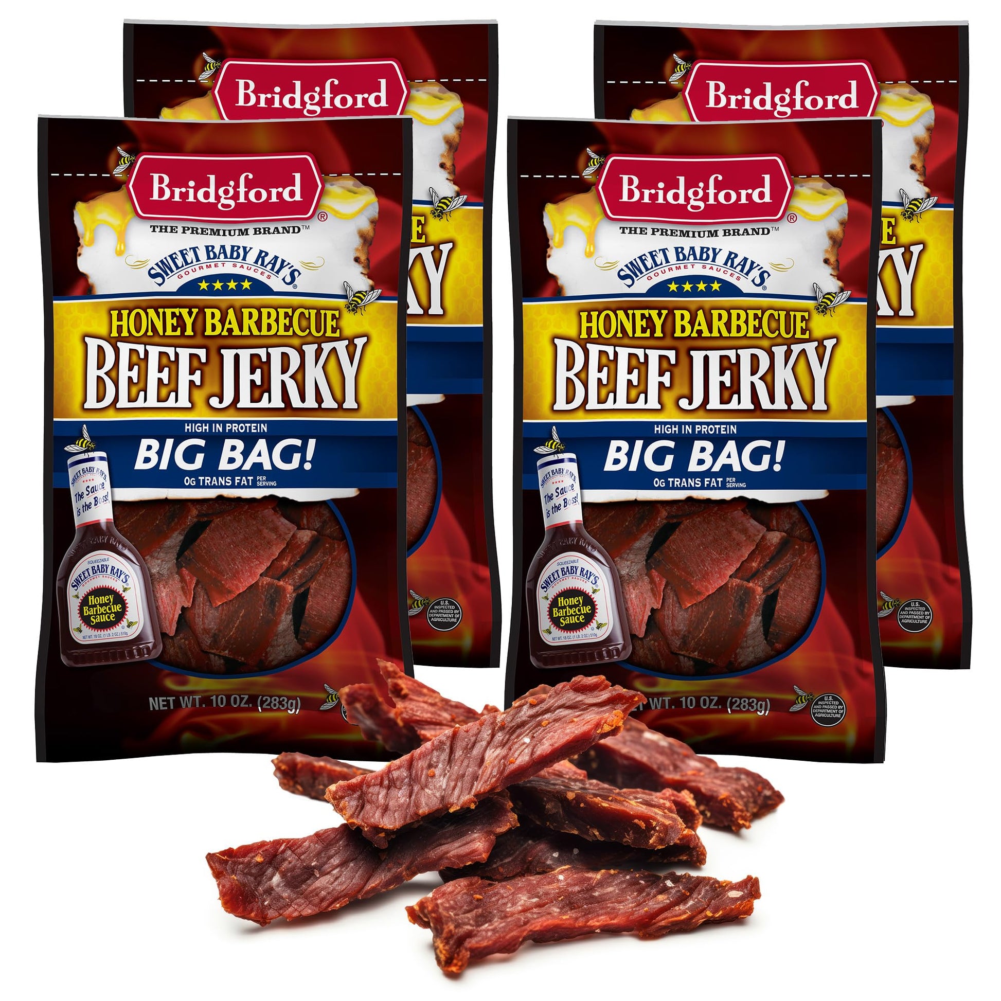 Bridgford Beef Jerky Honey BBQ - High Protein Snack, 10 oz Pack of 4, Naturally Smoked, Ready to Eat for On-the-Go Snacking