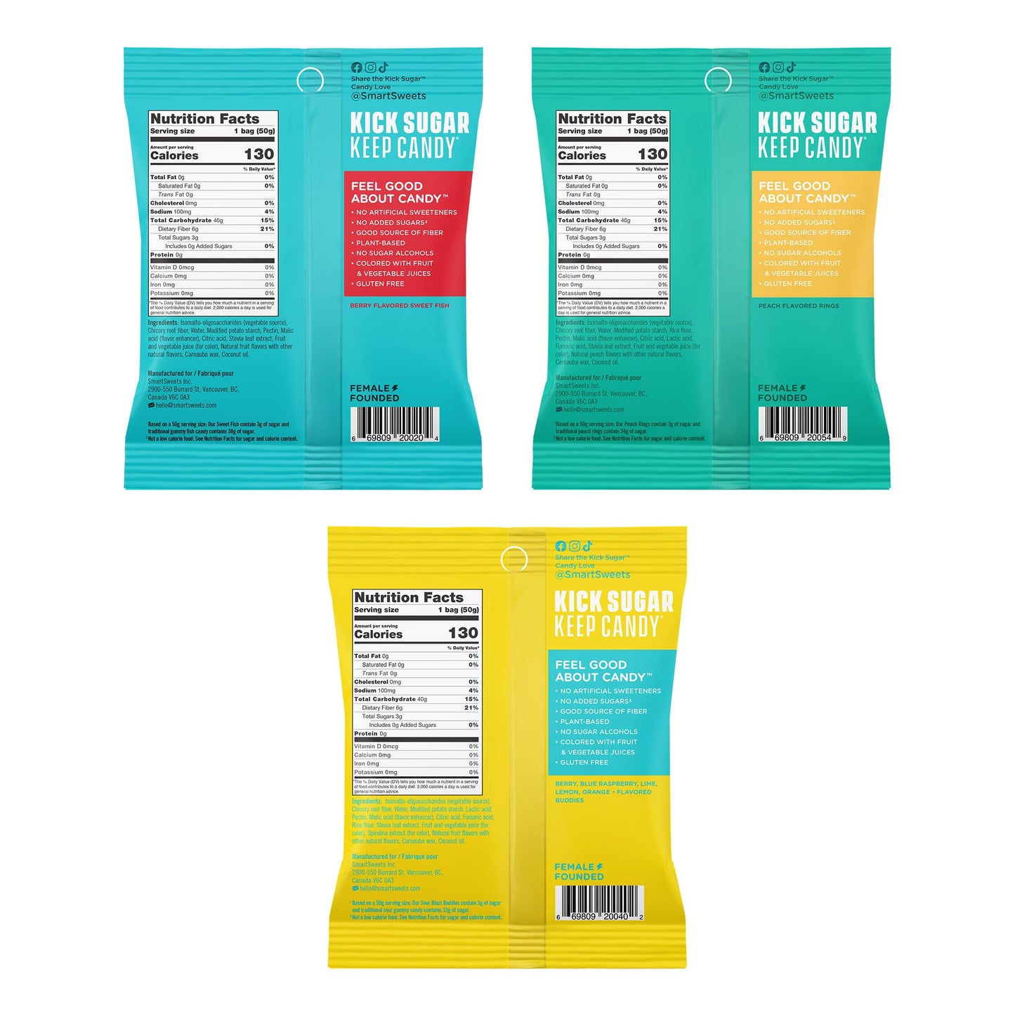 Smartsweets Variety Pack Sampler, Pack Of 6 Individual Flavors, Low Sugar & Calorie Candy - Sweet Fish, Sourmelon Bites, Peach Rings, Sour Blast Buddies, Red Twists, & New Soft Caramels