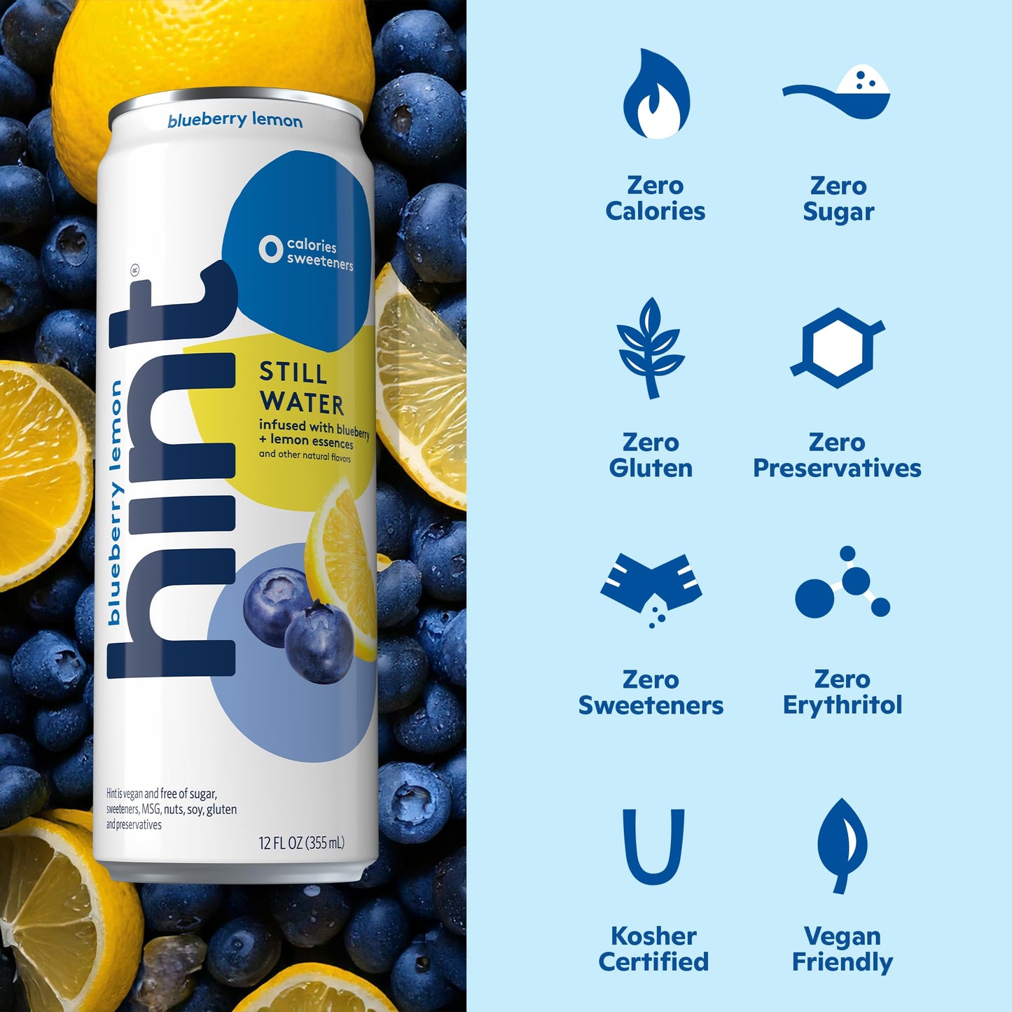 Hint Canned Water, Blueberry Lemon - Purified Flavored Water With Zero Calories, Natural Flavors, And Sugar Free - 12 Fl Oz Cans