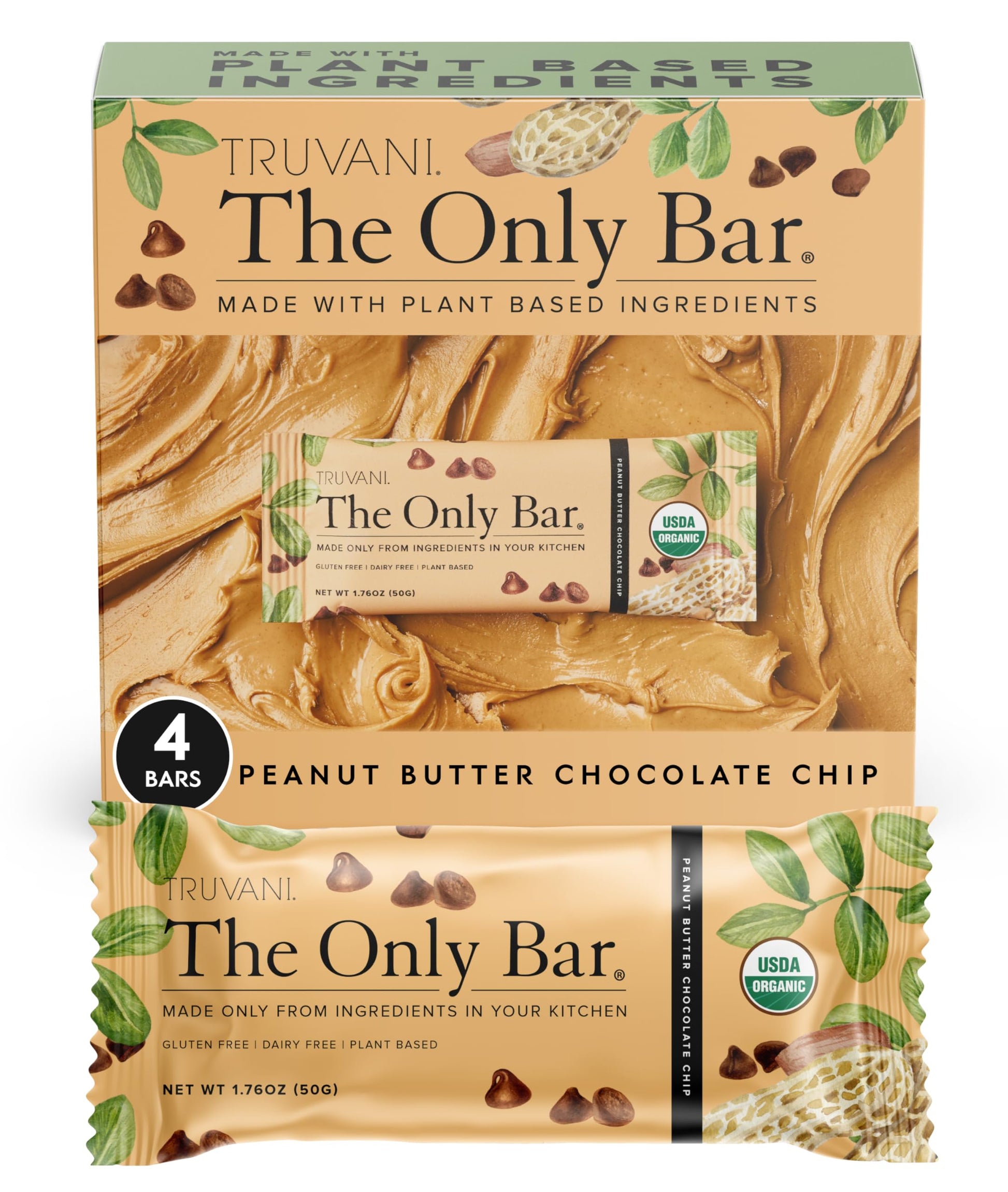Truvani Plant Based Snack Bars | Peanut Butter Chocolate Chip 4 Pack | 8G Protein | Usda Organic And Vegan | The Only Bar | Dairy, Soy, And Gluten Free | Individually Wrapped