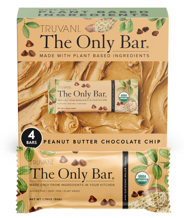 Truvani Plant Based Snack Bars | Peanut Butter Chocolate Chip 4 Pack | 8G Protein | Usda Organic And Vegan | The Only Bar | Dairy, Soy, And Gluten Free | Individually Wrapped